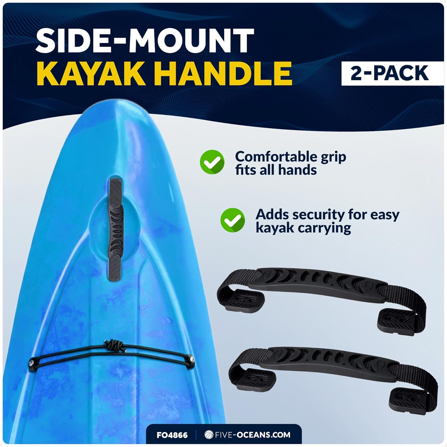 Five Oceans 2-Pack Side-Mount Kayak Handles, Black, Heavy-Duty Rubber, Kayak Carrying Handles for Kayaks Canoes & Small Boats - FO4866