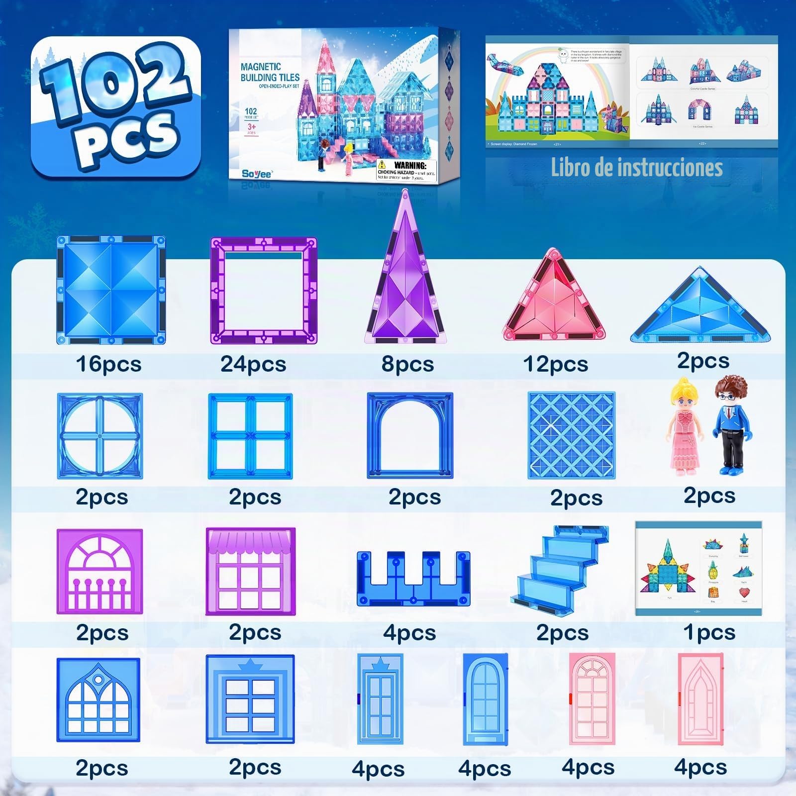 Juguetes de Frozen para niñas, azulejos magnéticos de 102 piezas con muñecas, castillo de princesa, juguetes de construcción, juguetes para niñas de 4 a 5 años, 6 a 8 años, bloques magnéticos, regalos
