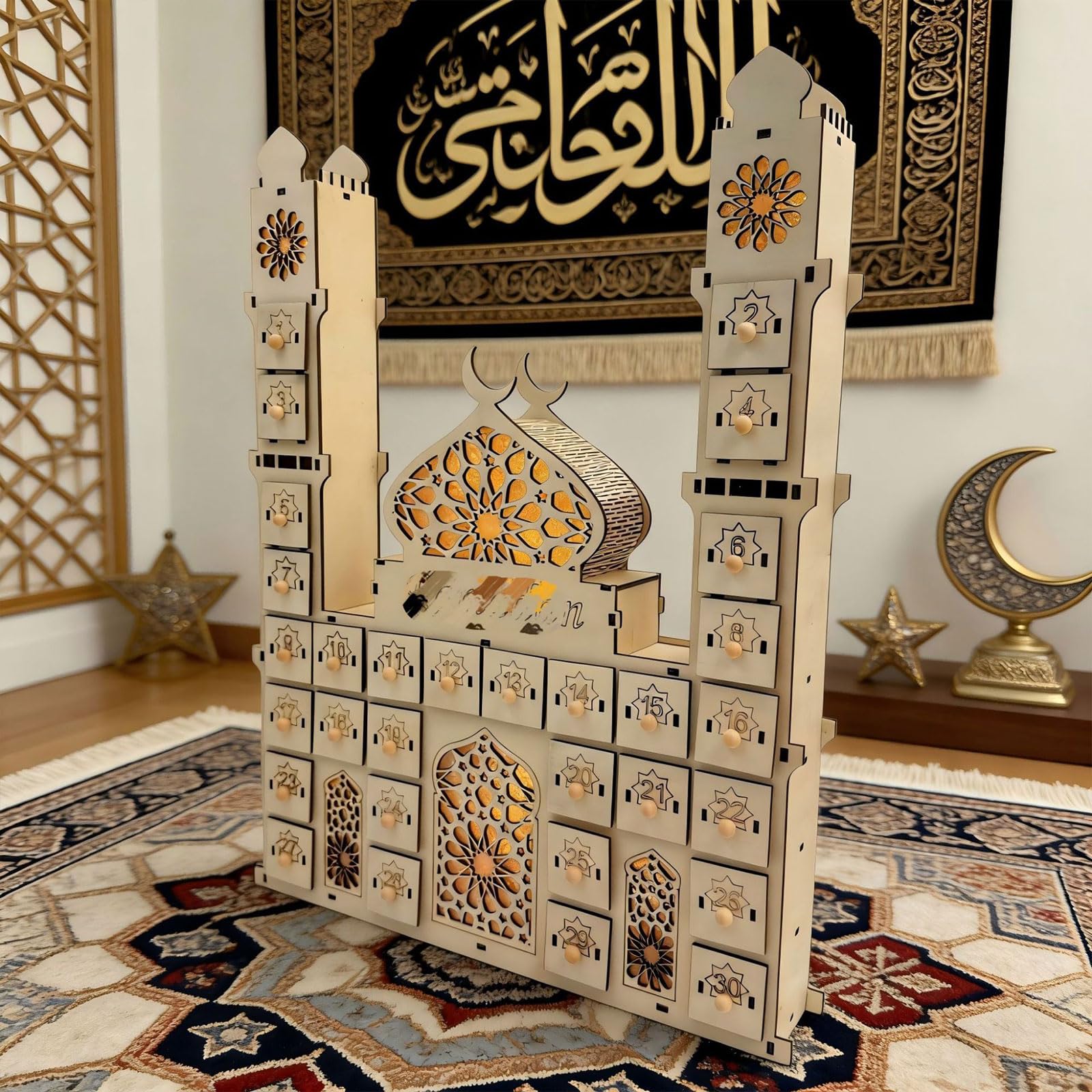 ordinarYone Calendario per conto alla rovescia dei castelli del Ramadan, con luce a LED e 30 cassetti, in legno, decorazioni per l'avvento per feste islamiche
