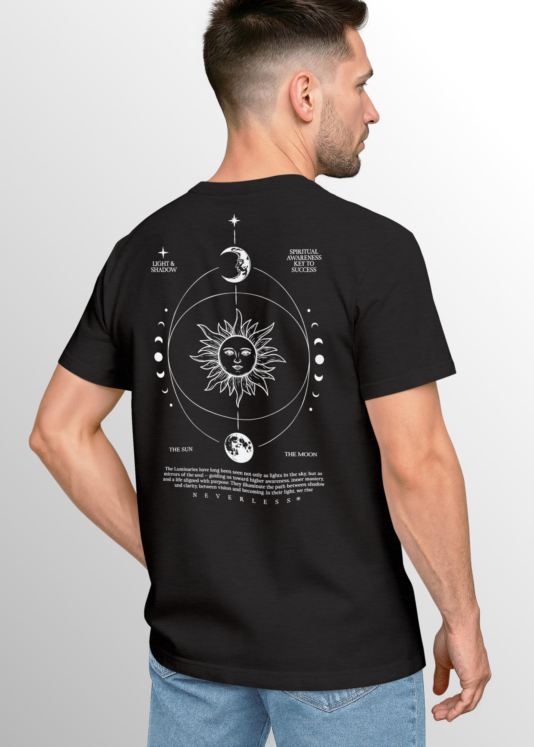 Neverless Maglietta da uomo Backprint Sole Luna | Maglietta grafica spirituale | Stampa astrologia Design Fashion Streetstyle
