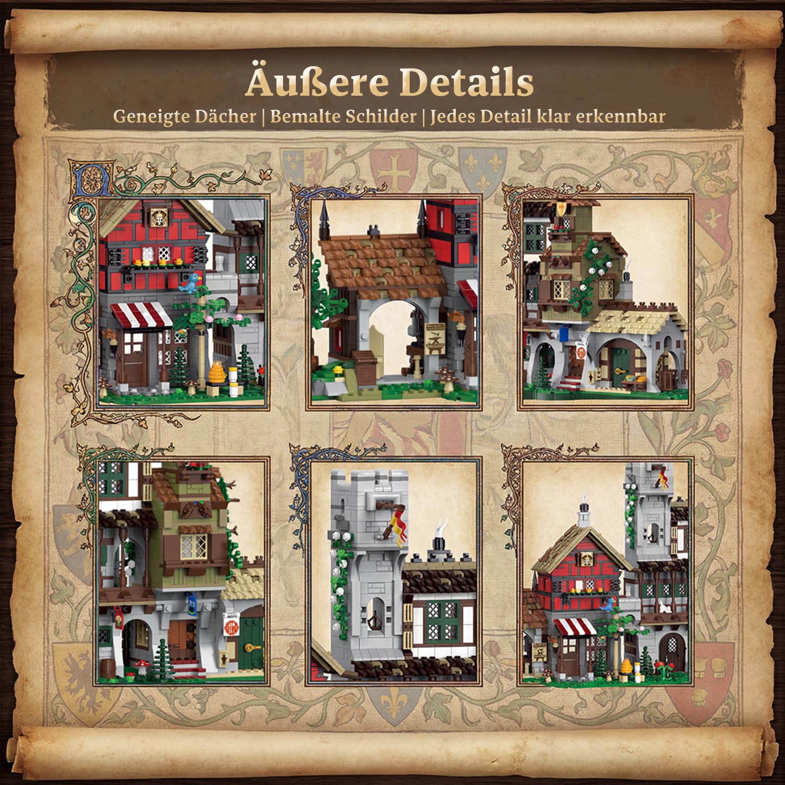 Klemmbausteine Mittelalter Marktplatz - 3021 Teile Mittelalterliche Dorfstraße Modular Buildings, Ritterburg Architektur Bausteine Set für Erwachsene Kompatibel mit Barweer BWR006