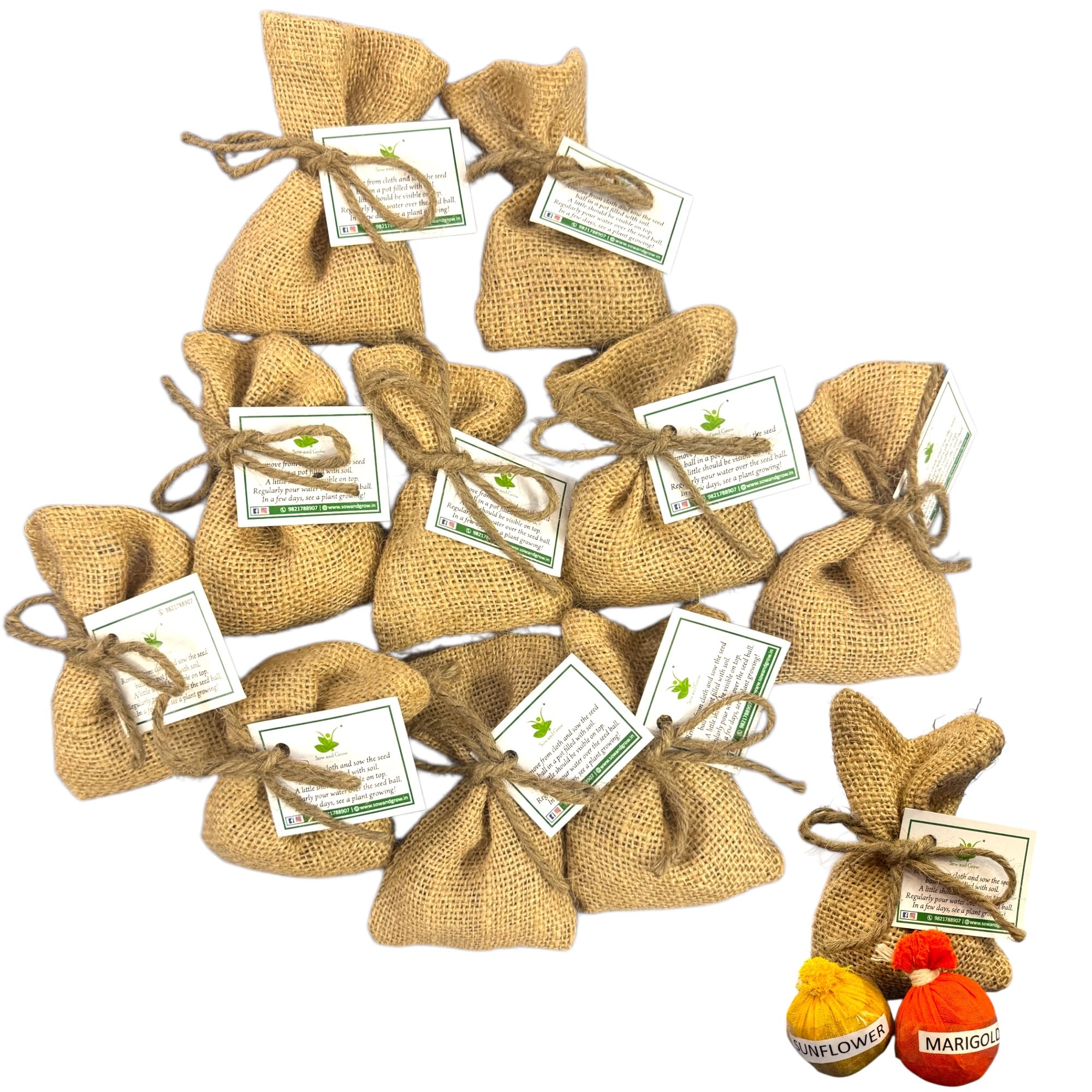 Sow and Grow Floral Seed Ball Duo – Marigold + Sunflower | User-Friendly Gardening Kit with 2 Seed Balls per Potli | Sustainable Return Gift | Grow Flowers at Home Pack of 10 Jute Potlis-image-4
