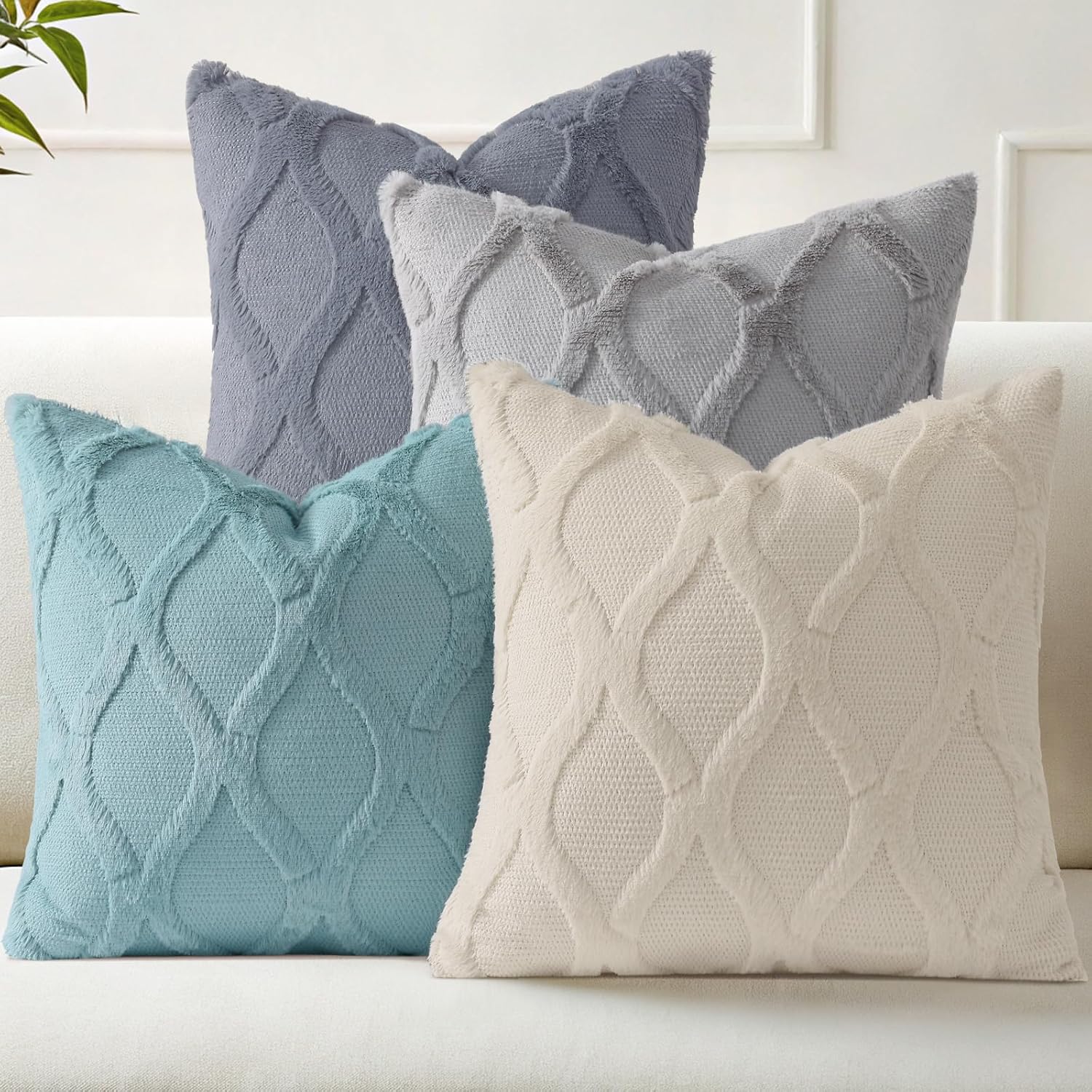 decorUhome Spring Set of 4 Throw Pillow Covers 18x18 Inch, Neutral Decorative Soft Plush Faux Wool Couch Pillow Covers, Farmhouse Pillow Cases for Living Room Bed Sofa (Beige/Grey)