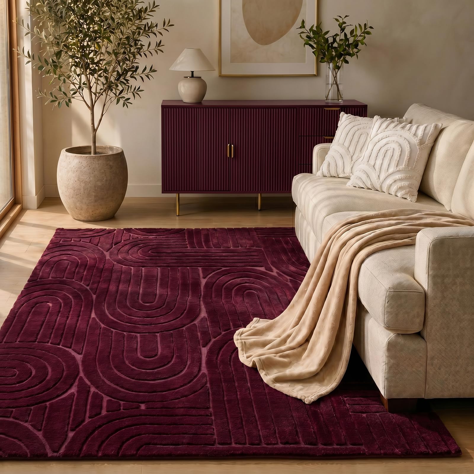 OHS Tufted Arches Rug Carpet Rugs for Bedroom, Burgandy - 160 x 230cm