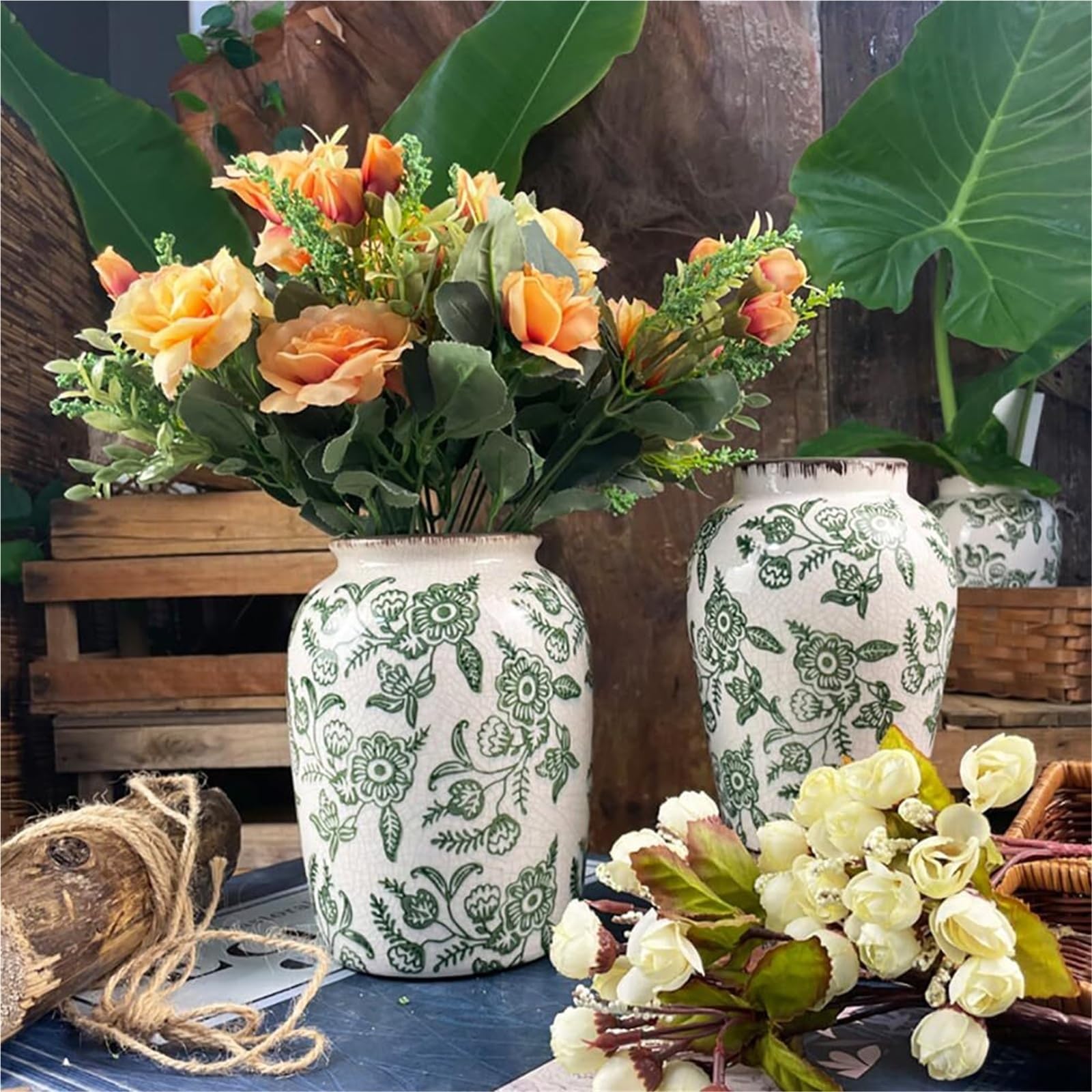 Wazony na kwiaty w stylu vintage, zielone ceramiczne wazony na kwiaty, rozbity wazon chinoiserie, doniczka ze szkła imbirowego, dekoracja stołu (A)