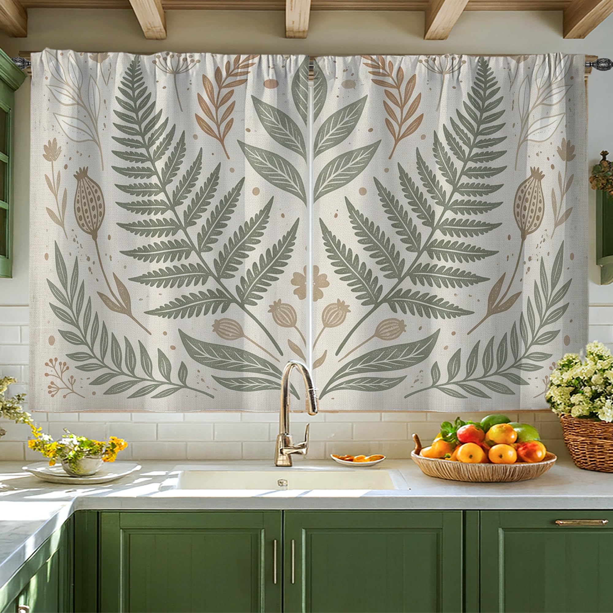 Rideaux courts botaniques vert automne 106x114 cm pour fenêtre de cuisine