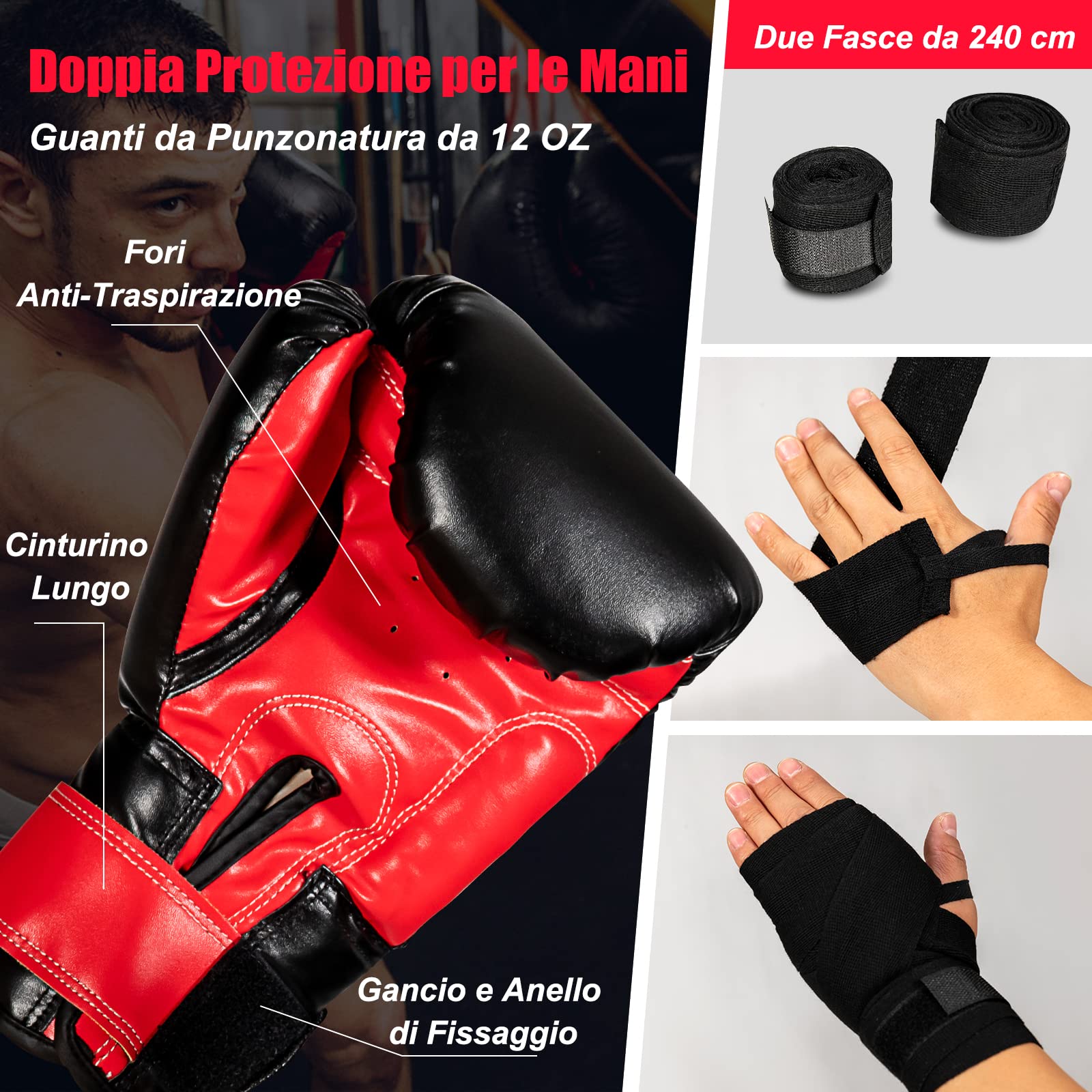 COSTWAY Sacco da Boxe per Adulti 29 kg | Sacco da Boxe Appeso con Guanti, Gancio e Fasce per Mani, Ideale per Muay Thai, Karate e Taekwondo