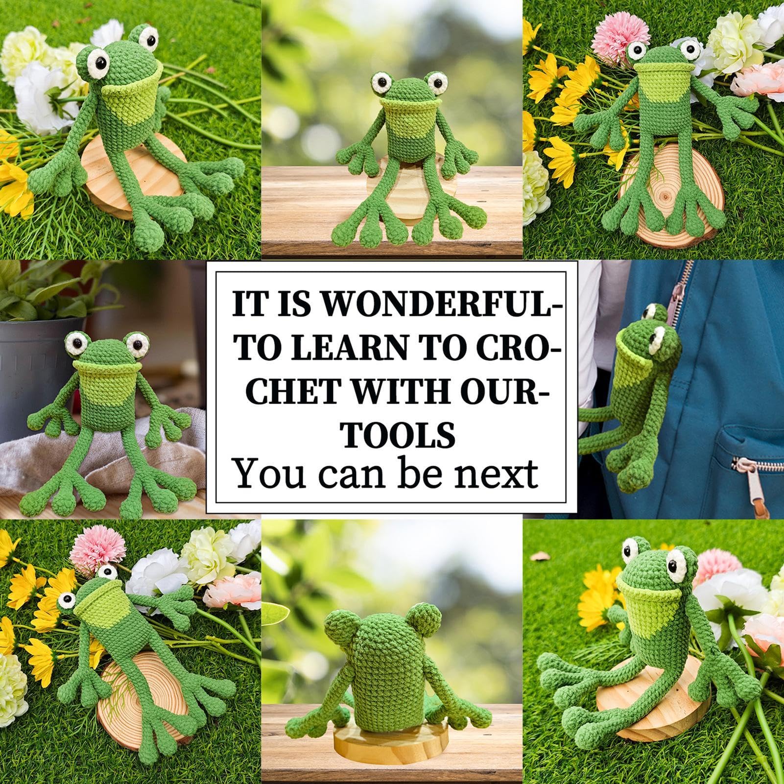 GkgWuxf Kit di animali all'uncinetto rana, kit completo di animali all'uncinetto, con filo ad uncinetto, istruzioni passo dopo passo, kit di artigianato rana dei cartoni animati per bambini