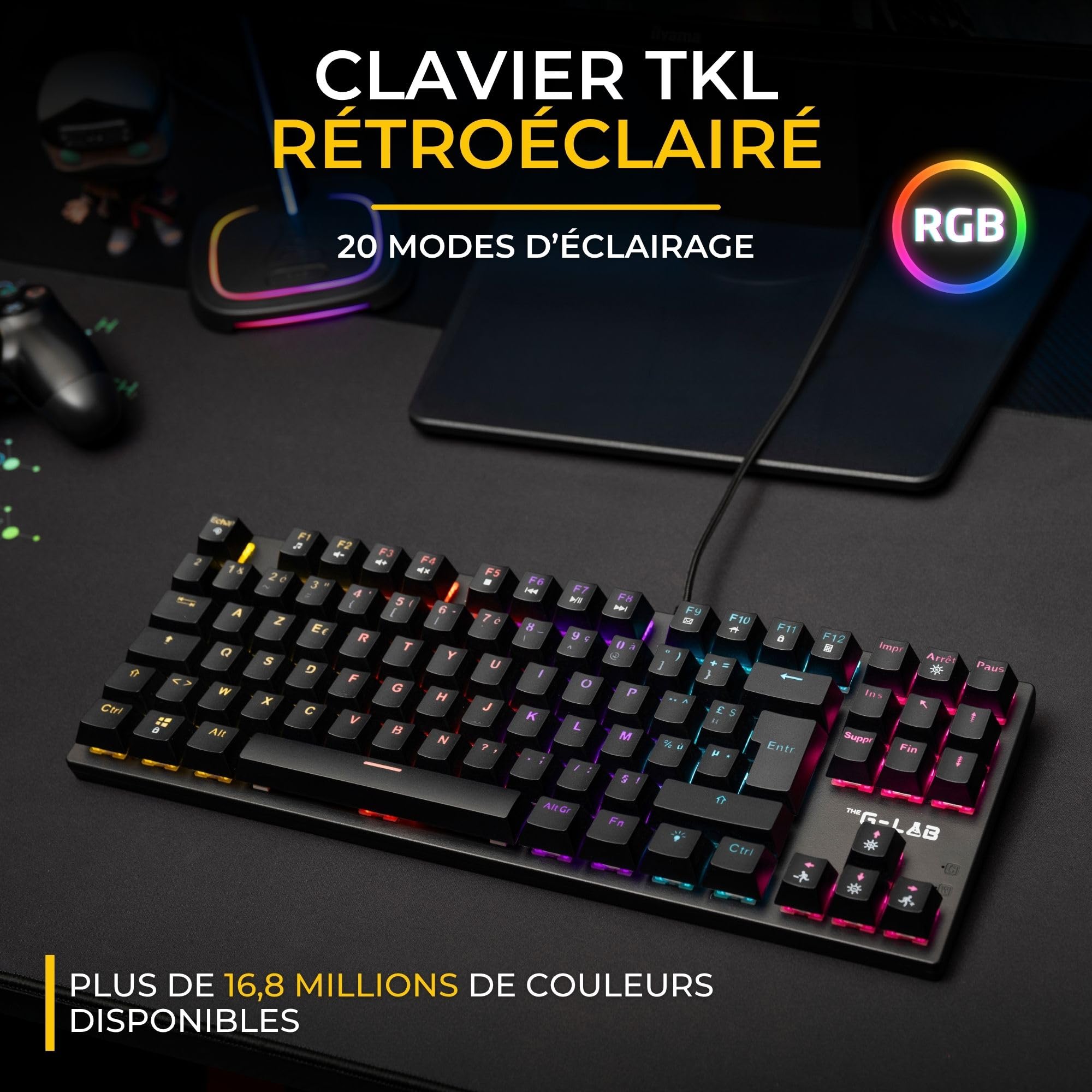 The G-Lab - KEYZ Mercury EX - Przewodowa klawiatura gamingowa USB - Mechaniczna klawiatura TKL, czerwony przełącznik, RGB z 20 trybami świecenia - 26 klawiszy antyghostingowych na PC/PS4/PS5/Xbox