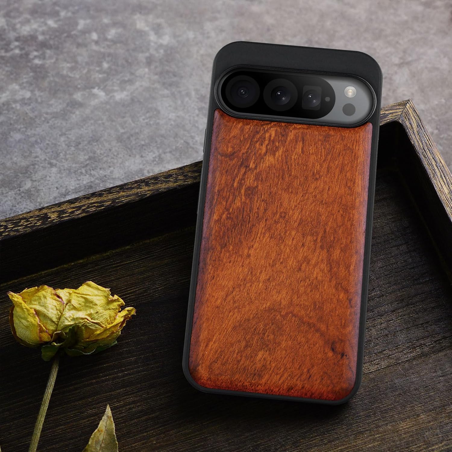 Carveit Wood Case for Pixel 9 Pro Case [Natural Wood & Black Soft TPU] Shockproof Protective Unique Wooden Cover Compatible with Google Pixel 9 Pro (Natural-Rosy)