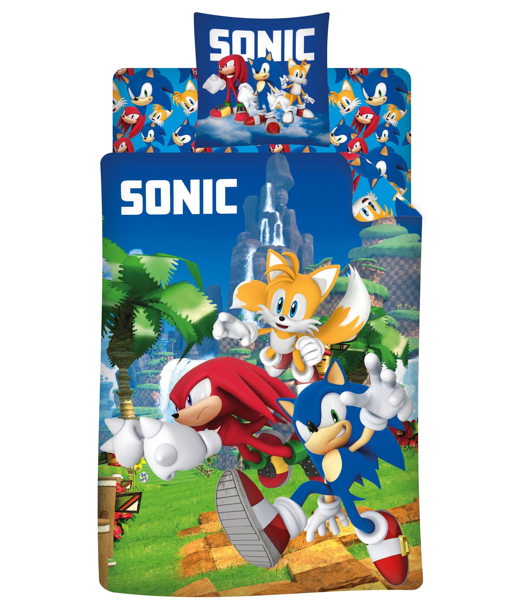 Sonic 3 Piezas Funda Nórdica Cama 90 140x200 + Funda 63x63 + Bajera 90x190 | Funda nórdica + bajera 90x190 | Microfibra secado rápido | Knuckles Tails SEGA oficial | Regalo | Lavable a máquina