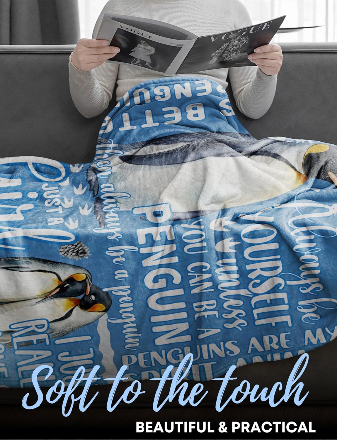 Penguin Lover Gifts for Women, Men, Girls for Birthday, Christmas, Flannel Blanket Throws 50"x 65" - Blue - Image 4
