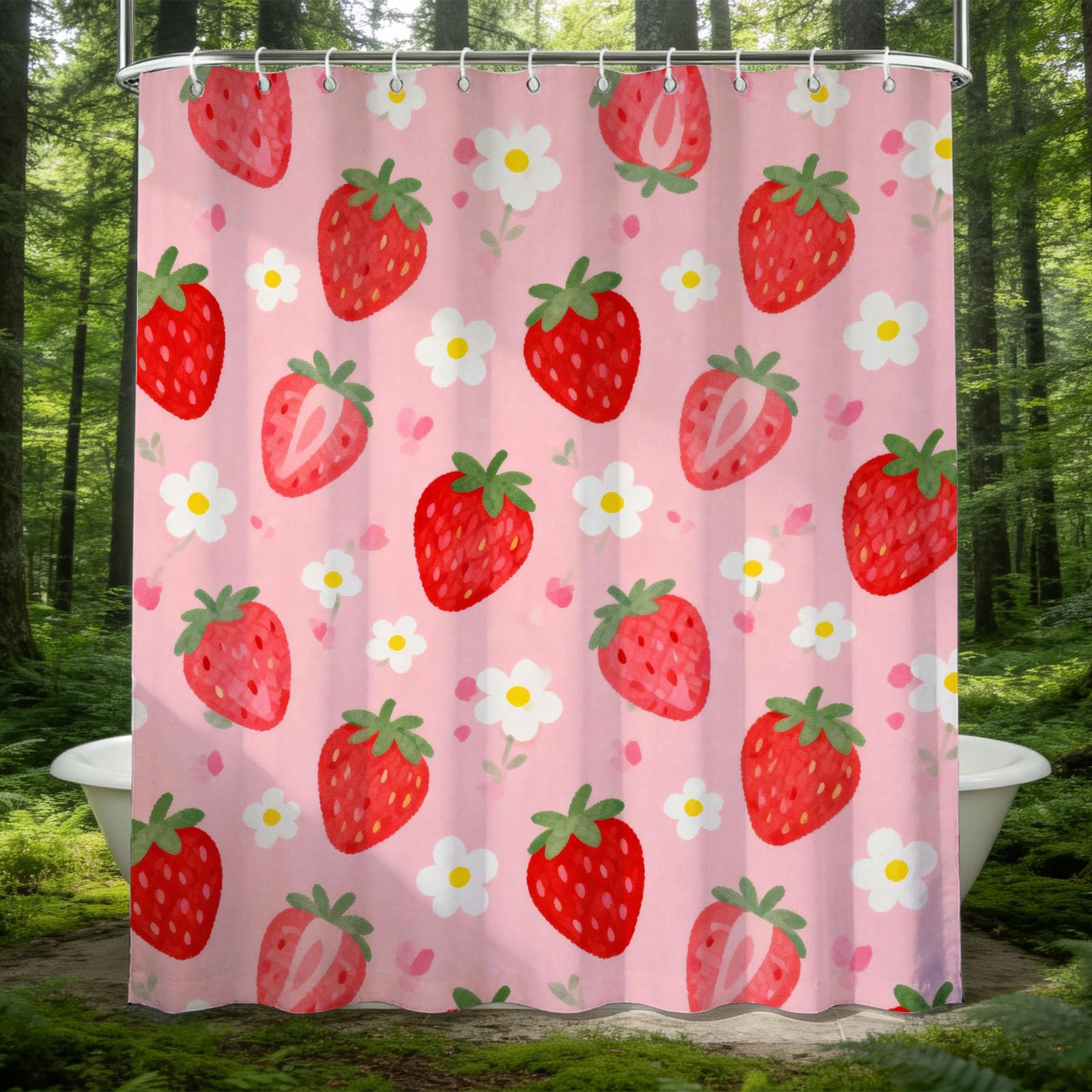 Hongduo Girls White 3D Fresh Sweet Strawberry Shower Curtain For Stalls Bathtubs Bathroom Decor Shower Curtain Set Polyester Fabric Waterproof 120X180cm/48X71 Inch With Hooks