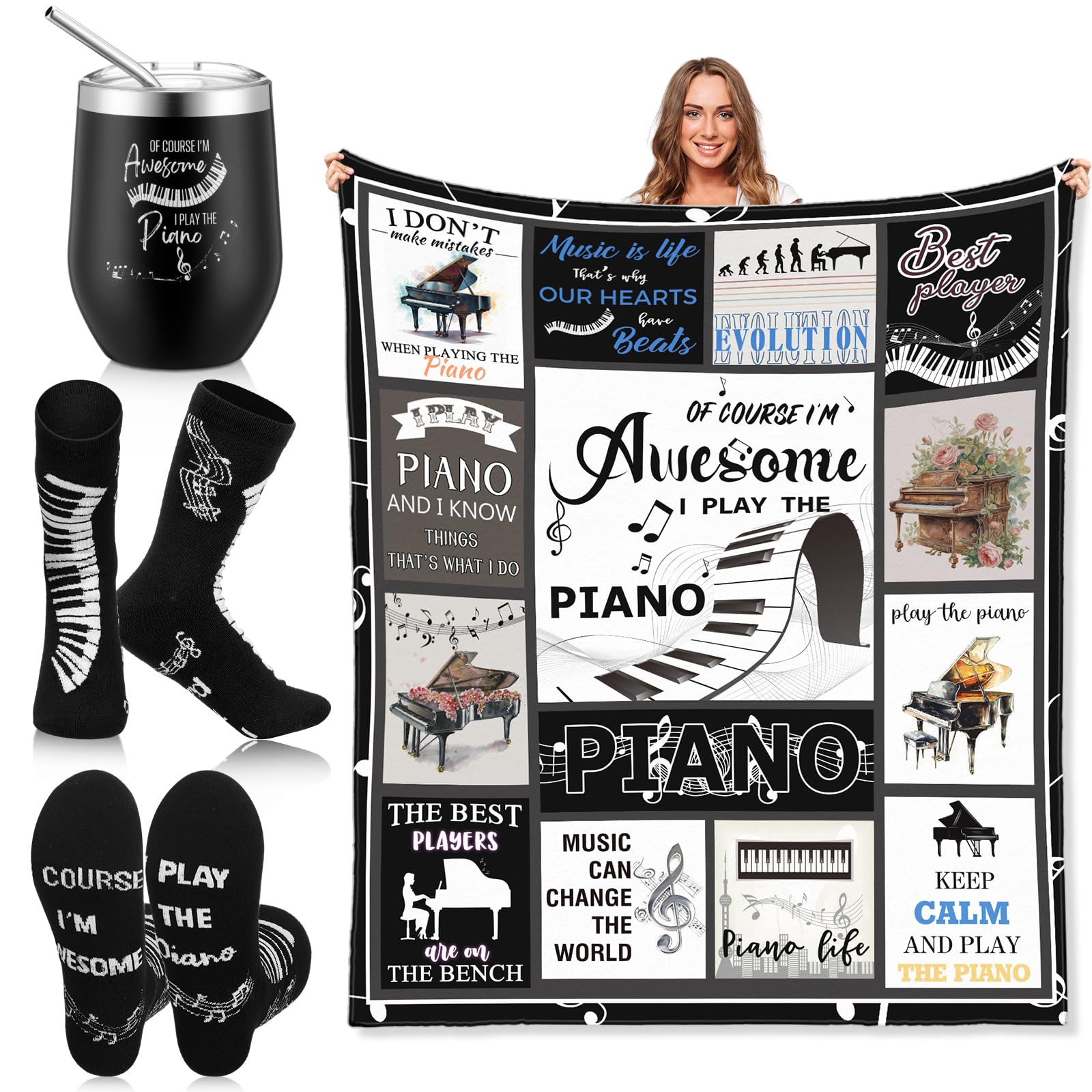 Couverture note de musique et mug isotherme Noël | Coffret cadeau de 3 pièces pour femme