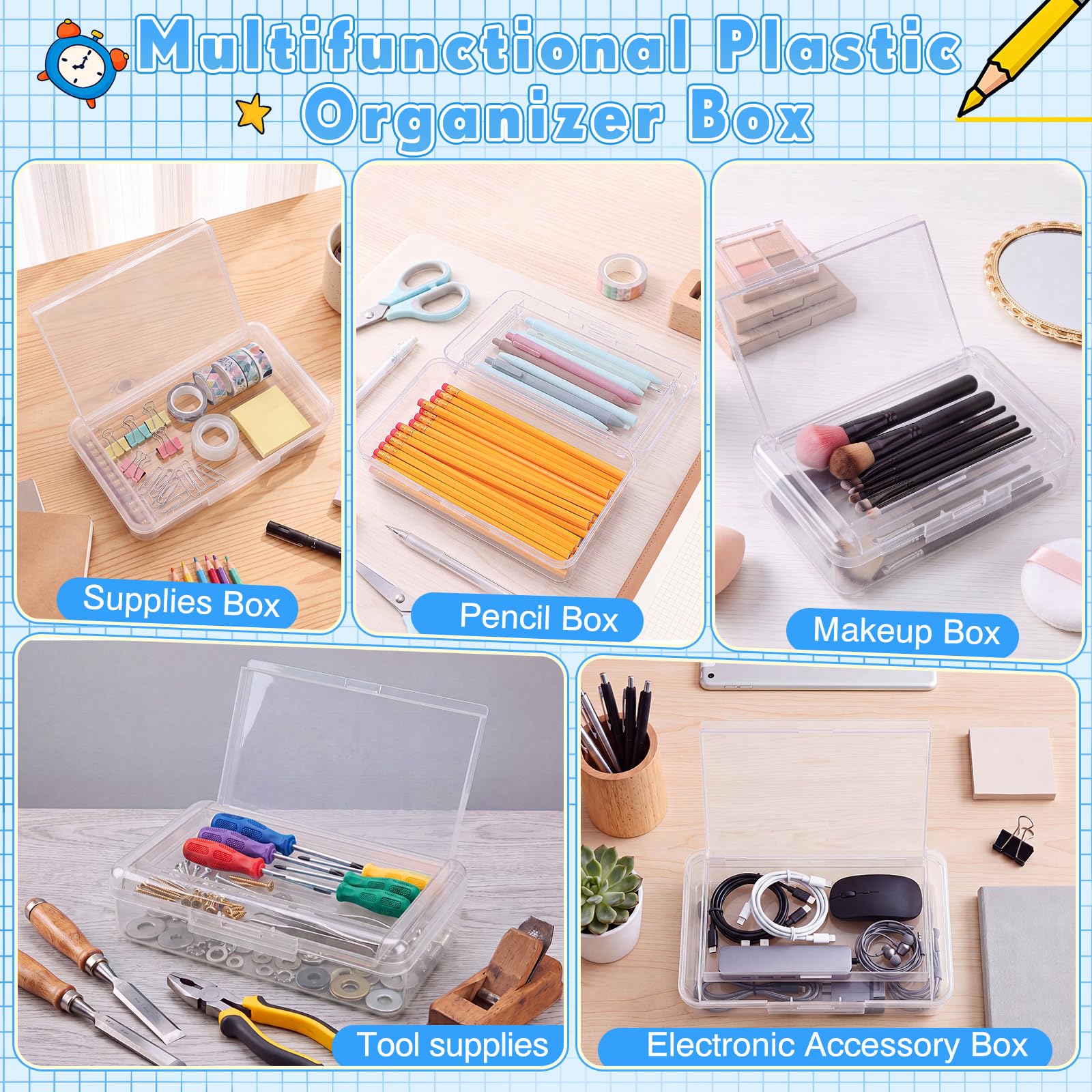 Blulu Confezione da 25 astucci a doppio strato, 20 x 12,4 x 5,8 cm, in plastica, con coperchio a scatto, design impilabile, per scuola, ufficio, organizzazione (trasparente)