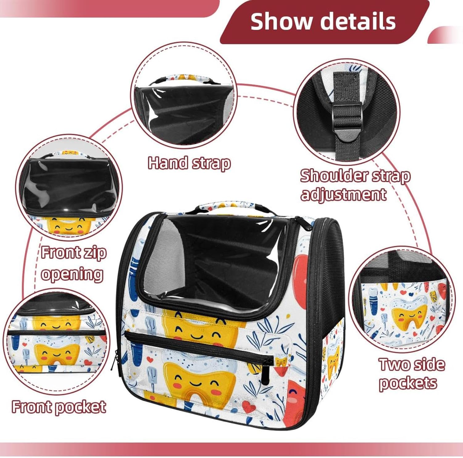 Portable Travel pet Backpack Carrier Hamster Bag Small Dog cat Carrier Breathable Hang Bag, Cute Teeth