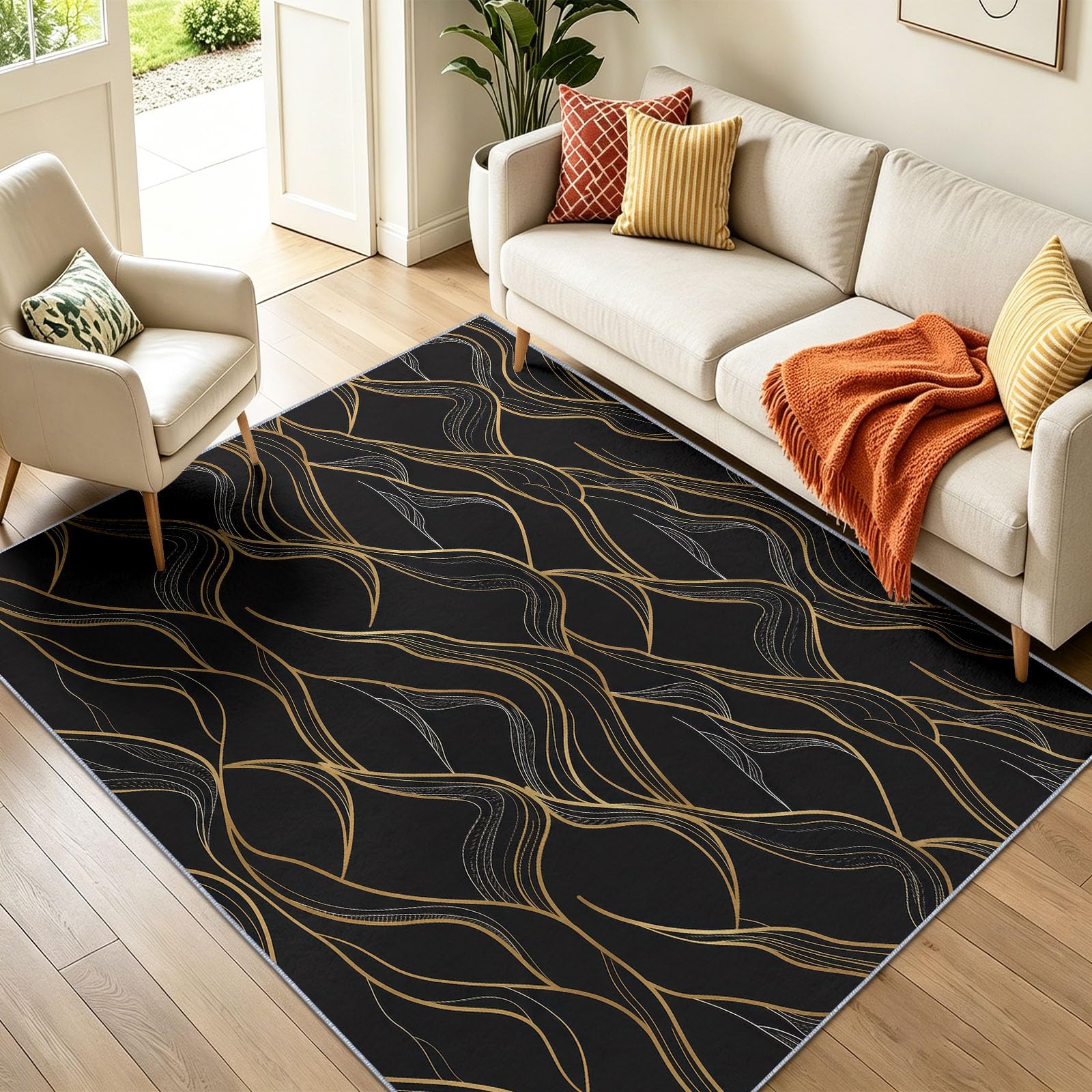Tapis Salon Moderne Luxueux 160 x 230 cm, Montagnes Géométrique Motifs Ondulés Lignes Lavable en Machine Tapis, Noir AntidéRapant Poil Ras Moquette pour Chambre Salle a Manger Descente Bureau Cuisine