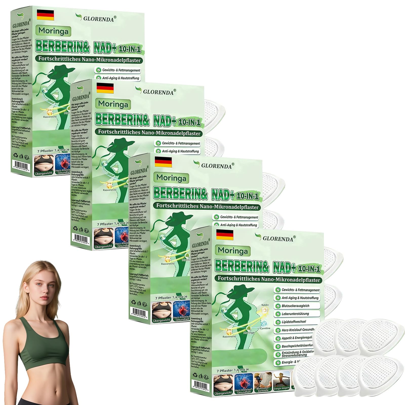 GLORENDA Moringa NAD+ 10-in-1 Fortschrittliches Nano Mikronadel-Pfaster, 2026 Neu GLORENDA Moringa Pflaster, Natürliches Hautpflege-Patch mit Moringa-Extrakt für Männer und Frauen (4Boxes)