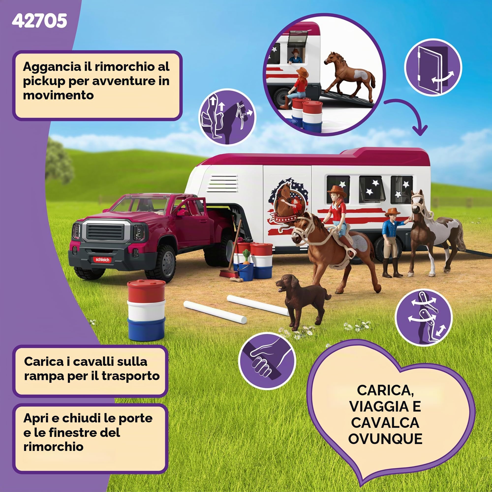schleich Horse Club | Camion Lakeside con rimorchio 42705 | dai 5 Anni | Set con camion, rimorchio, cavalli, personaggi e accessori | gioco a tema cavalli e regalo per bambini dai 5 anni | set da 11