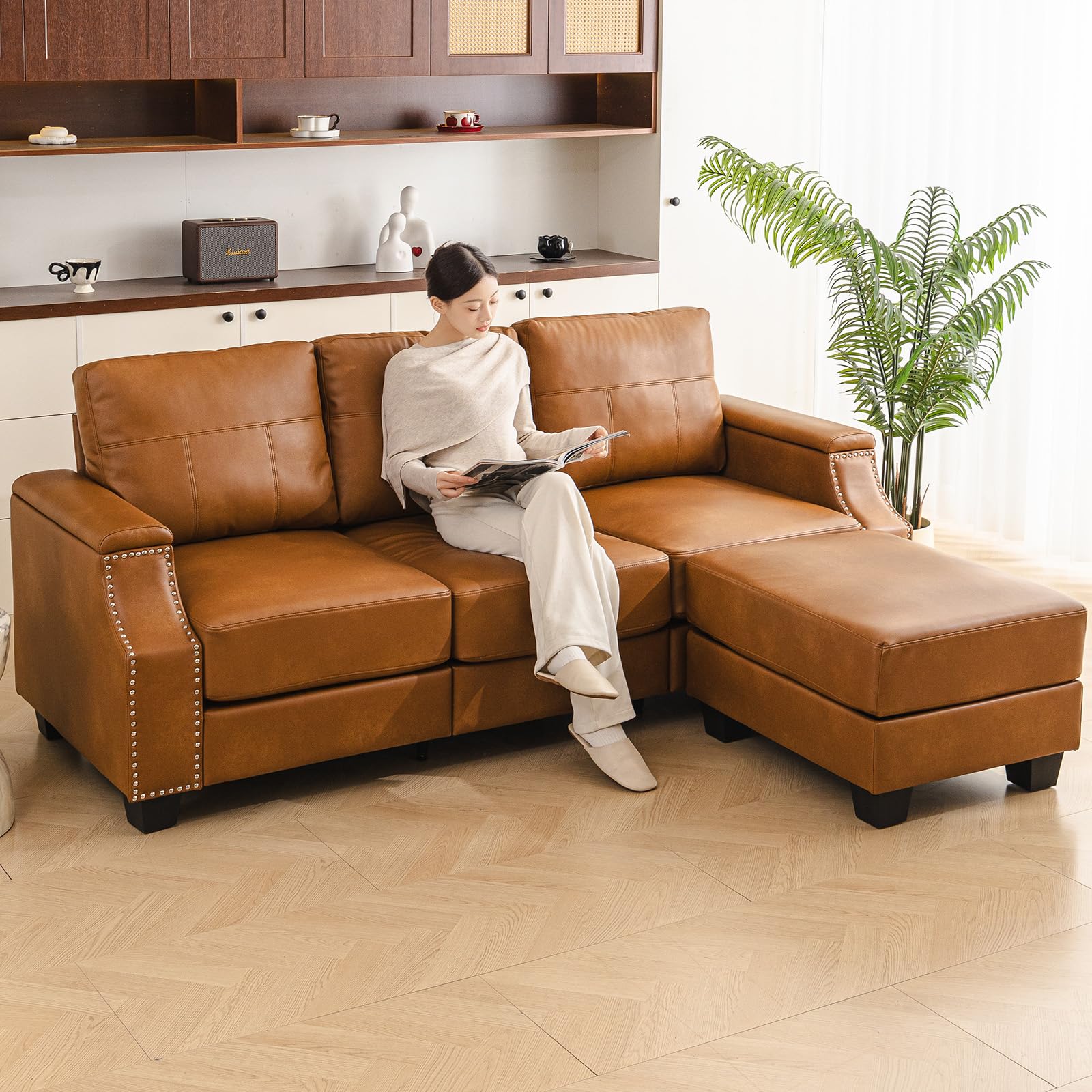 85 Faux Leather Couch with Armrest Organizer Sectional Sofa with Storage Movable Ottoman Solid Wooden Frame Thick Cushion