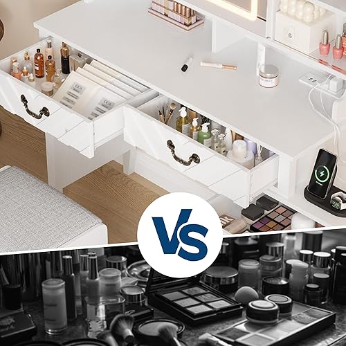 Miniatura 9 de GarveeHome Escritorio de tocador con espejo deslizante y luces, mesa de maquillaje blanca con taburete, tocador retráctil con estación de carga,