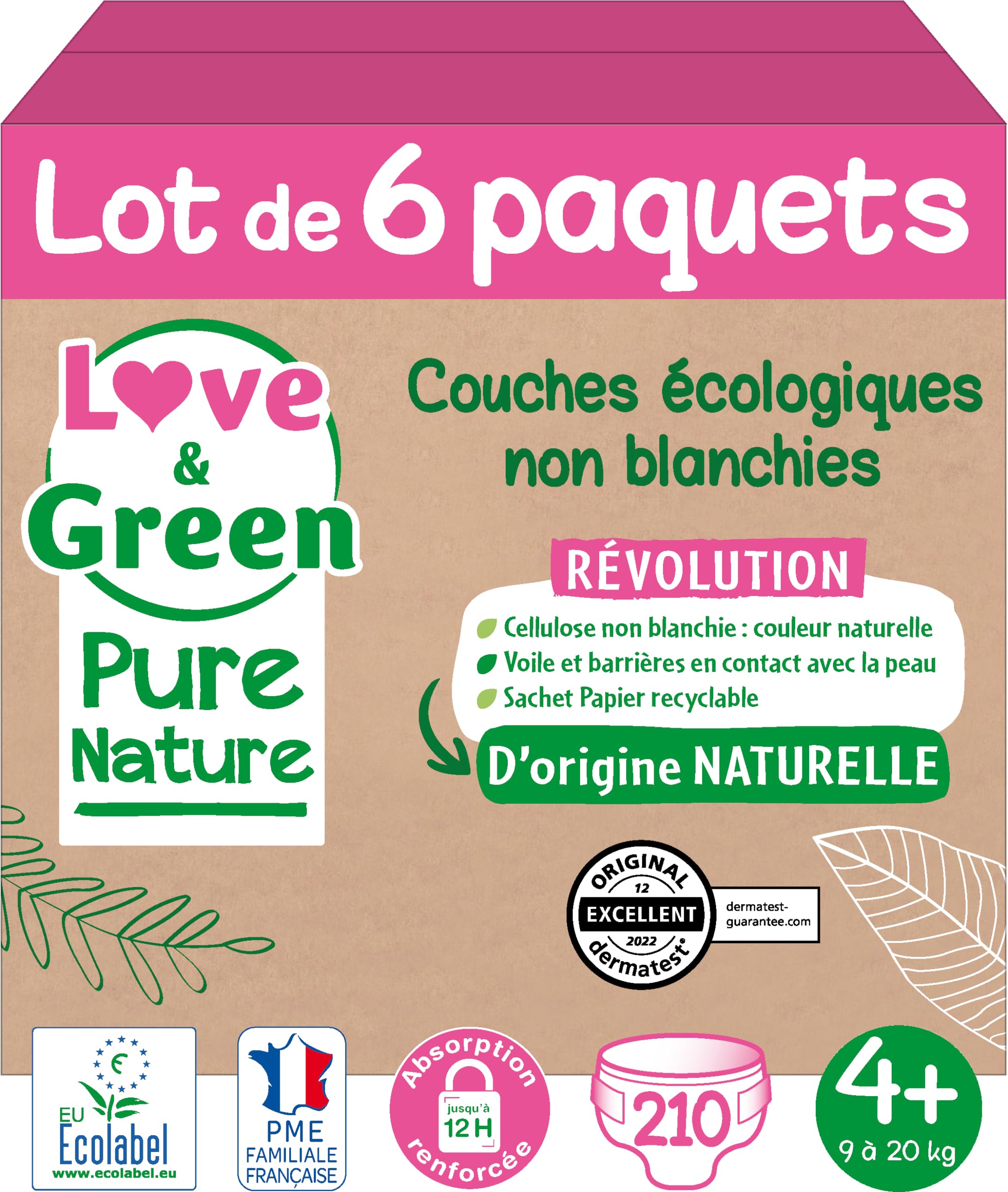 Love & Green Pure Nature Pack de 210 Couches écologiques non blanchies T4+ x 35 (9-​20 kg)