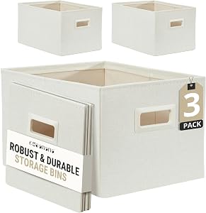 DECOMOMO Storage Baskets for Shelves Robust Closet Storage Bins for Clothes, Books, Organization (Pack of 3 - Beige)