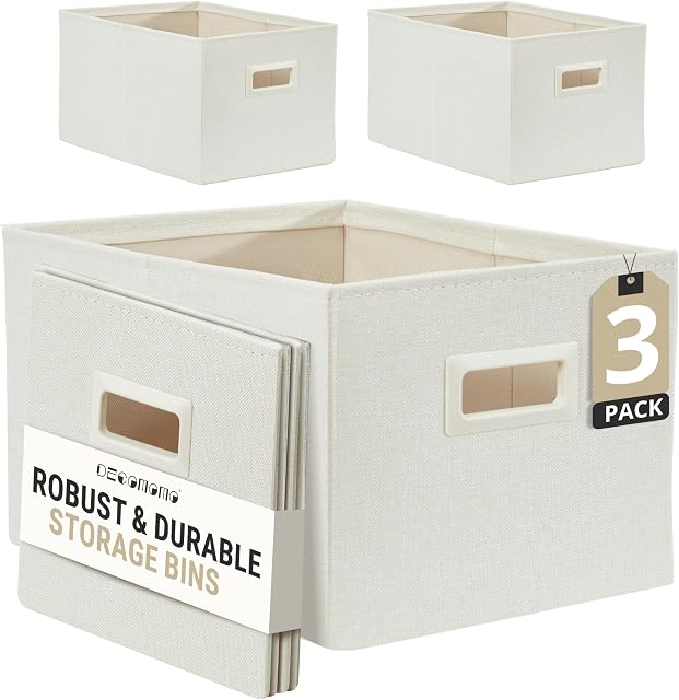 DECOMOMO Storage Baskets for Shelves Robust Closet Storage Bins for Clothes, Books, Organization (Pack of 3 - Beige)