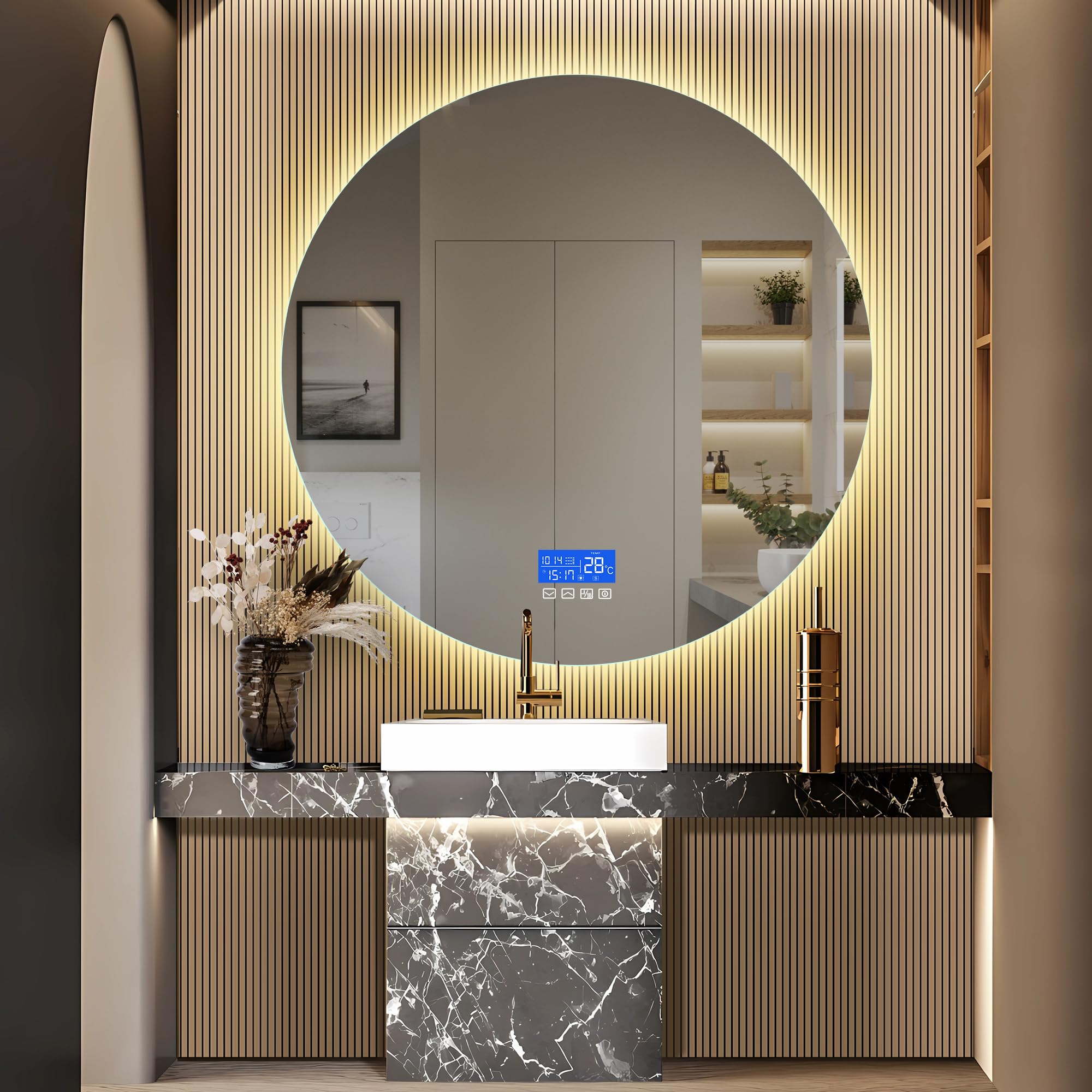 USROCAS Espejo de baño redondo con iluminación e indicador de temperatura, 100 × 100 cm, espejo de pared con interruptor táctil y cristal a prueba de explosiones, 3 colores de luz regulable
