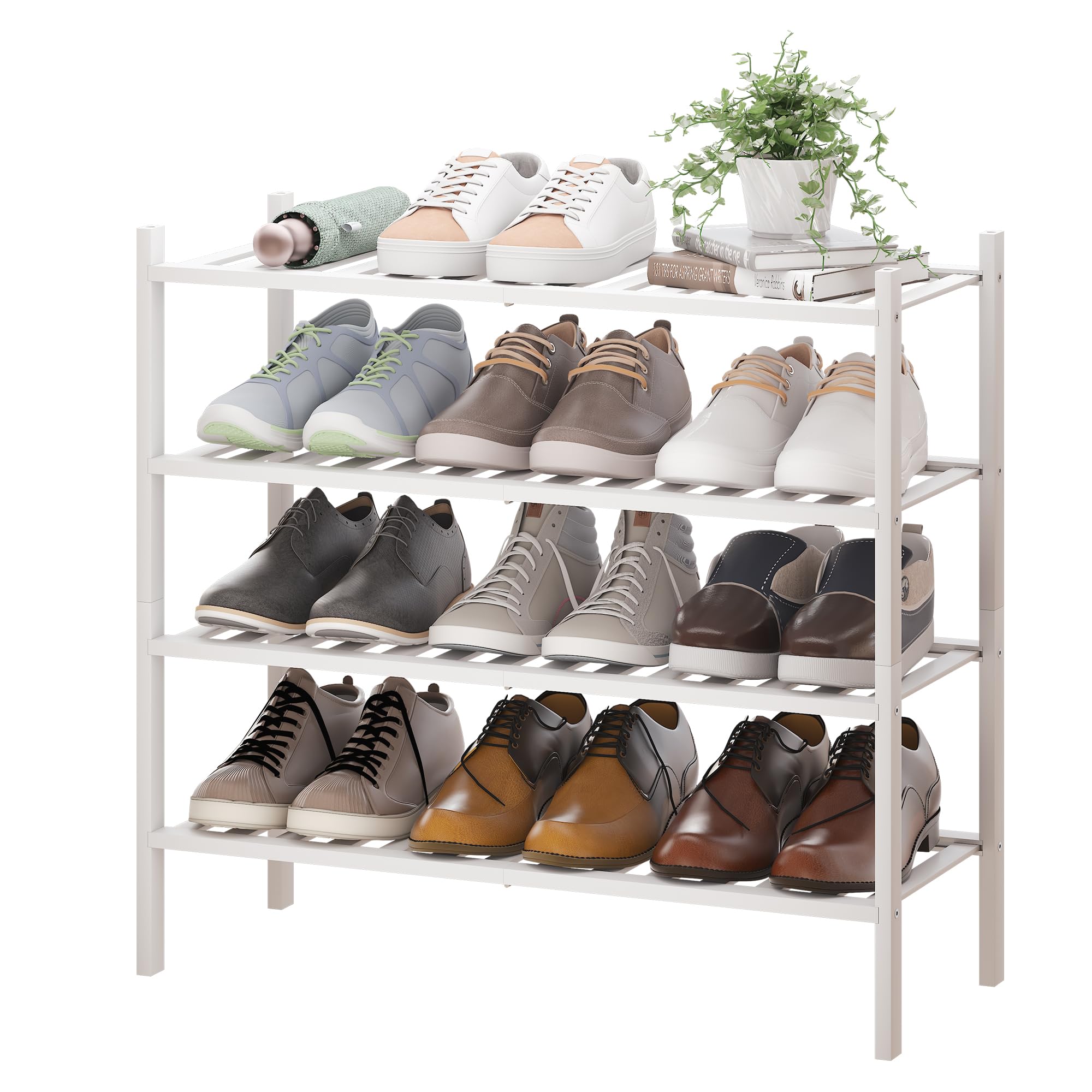 BMOSU 4-Tier Bamboo Shoe Rack Premium Stackable Shoe Shelf Storage Organizer for Hallway Closet Living Room Entryway Organizer(White Bamboo)