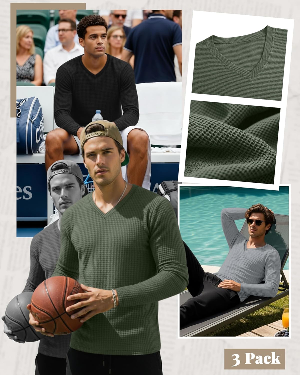 Ficerd 3 Pack Men's Waffle Thermal Long Sleeve Shirts V Neck Underwear Tops Casual Knit Undershirts Pullover Sweaters - Image 5