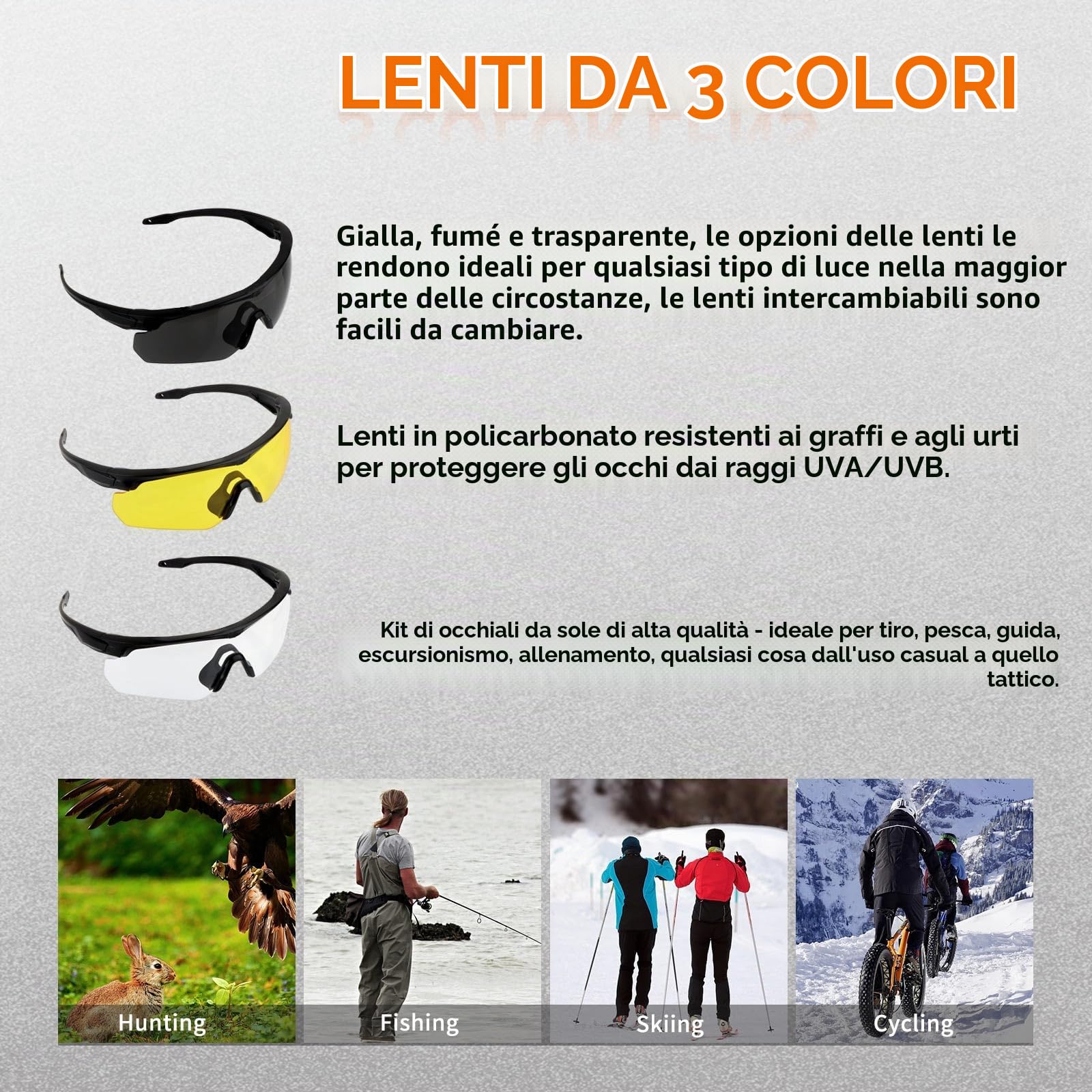 Occhiali Sportivi ANSI Z87.1, Occhiali da Tiro, Occhiali da Sole Antiappannamento con 3 Lenti per Uomo Donna Ciclismo, Escursionismo, Corsa (Nero)