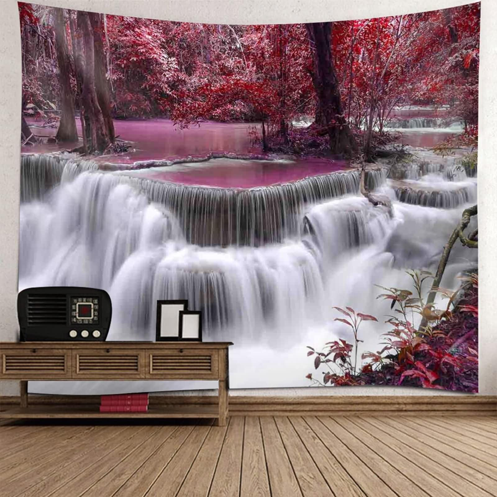 Homxi Wandteppich Landschaft 260 x 240 CM,Wasserfall Waldlandschaft Tapestry Wandbehänge Polyester Rot Grau Weiß