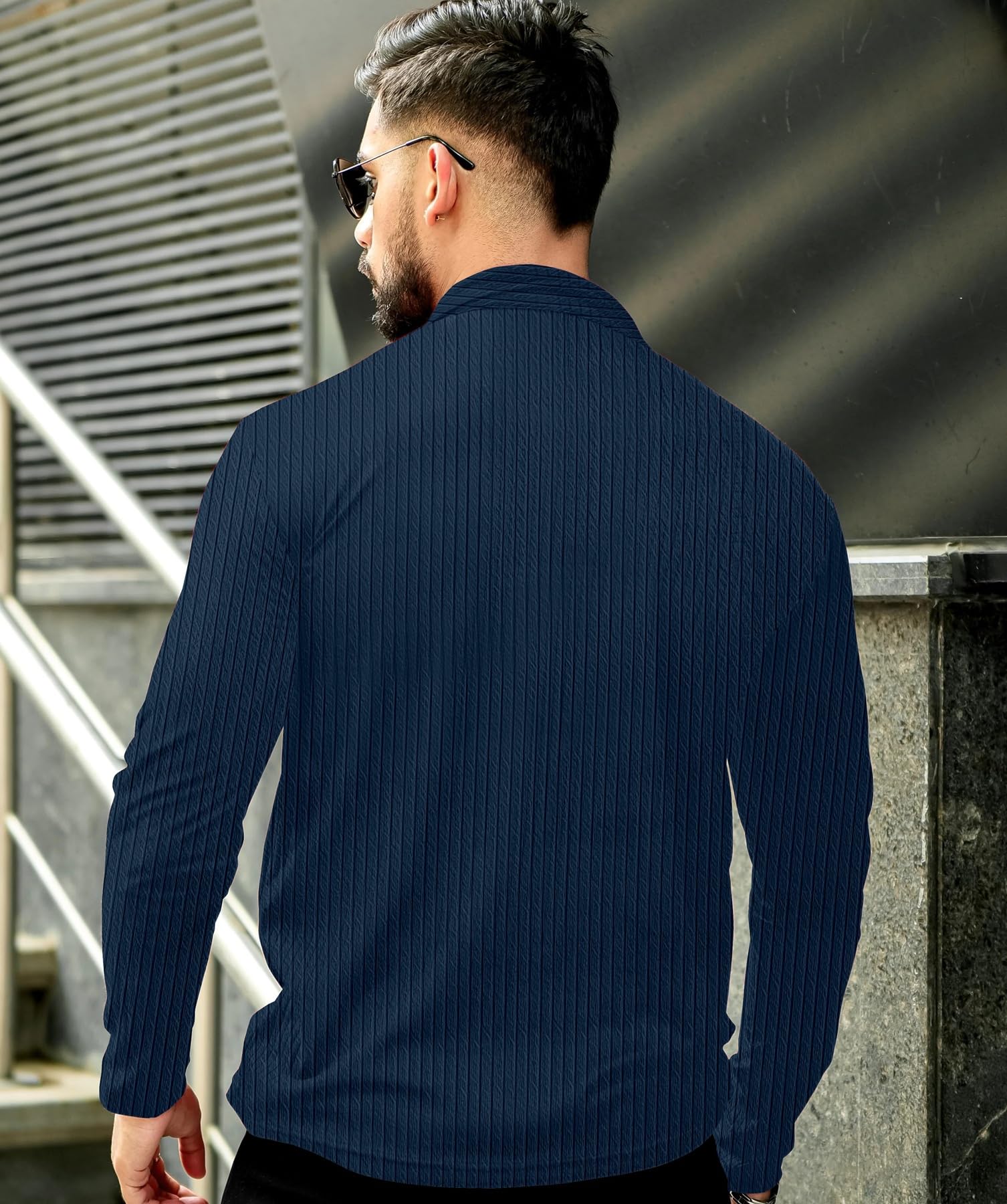 KAJARU Men's Quarter Zip Pullover T-Shirt, Cable Knit Pattern, Full Sleeve (in, Alpha, XL, Airforce) - Image 4 thumbnail