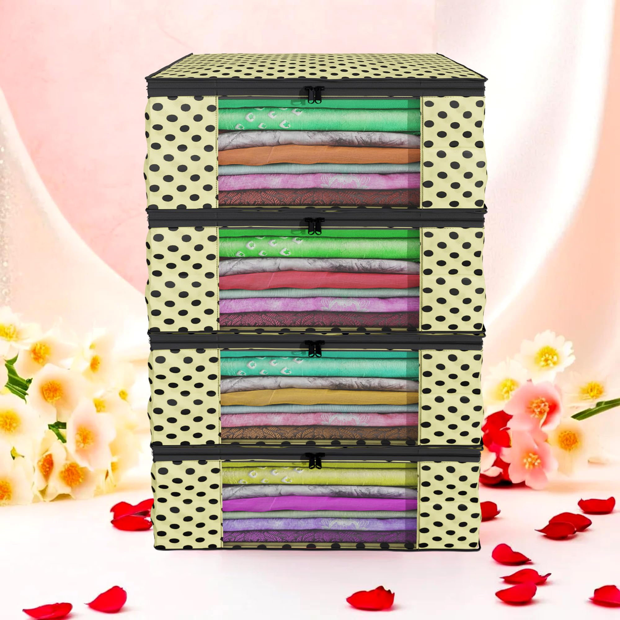 Kuber Industries (Pack of 4) Saree Covers | Non-Woven Saree Bags (9 Inch) Clothes Bag for Women | Foldable Storage Bag for Almirah & Wardrobe (Polka Dot) Sari Cover Bags | Cream
