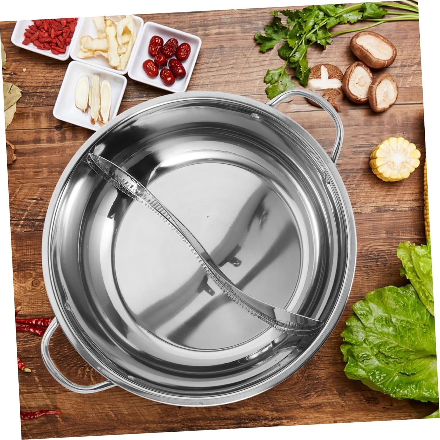 PRETYZOOM Stainless Steel Hot Pot with Divider Dual Compartment Cooking Pot with Lid for Family Gatherings for Induction and All Stoves