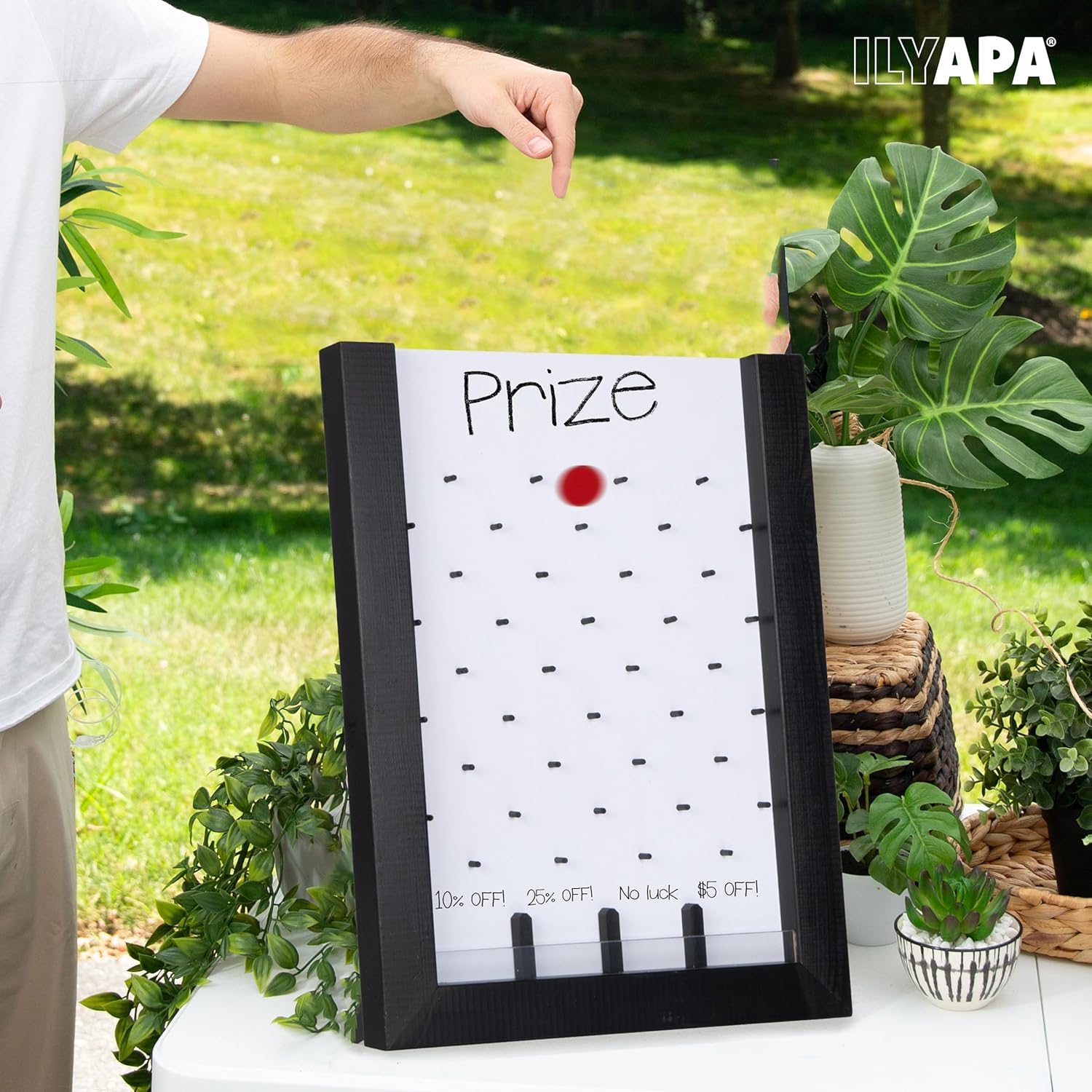Ilyapa Tabletop Plinko Board Game - 13x17 Inch Portable Prize Drop Plinko Board for Events and Trade Show - Wooden A-Frame Whiteboard Sign, Eraser