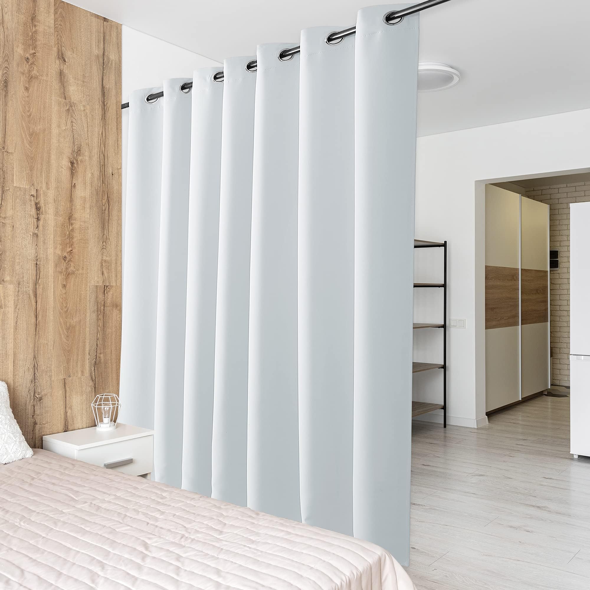 PONY DANCE Extra Wide Room Divider Privacy Curtain - Long Eyelet Thermal Insulated Curtain Super Soft Room Darkening & Energy Saving & Soundproof Panel, 1 Panel, 180 x 96 Inch, Greyish White