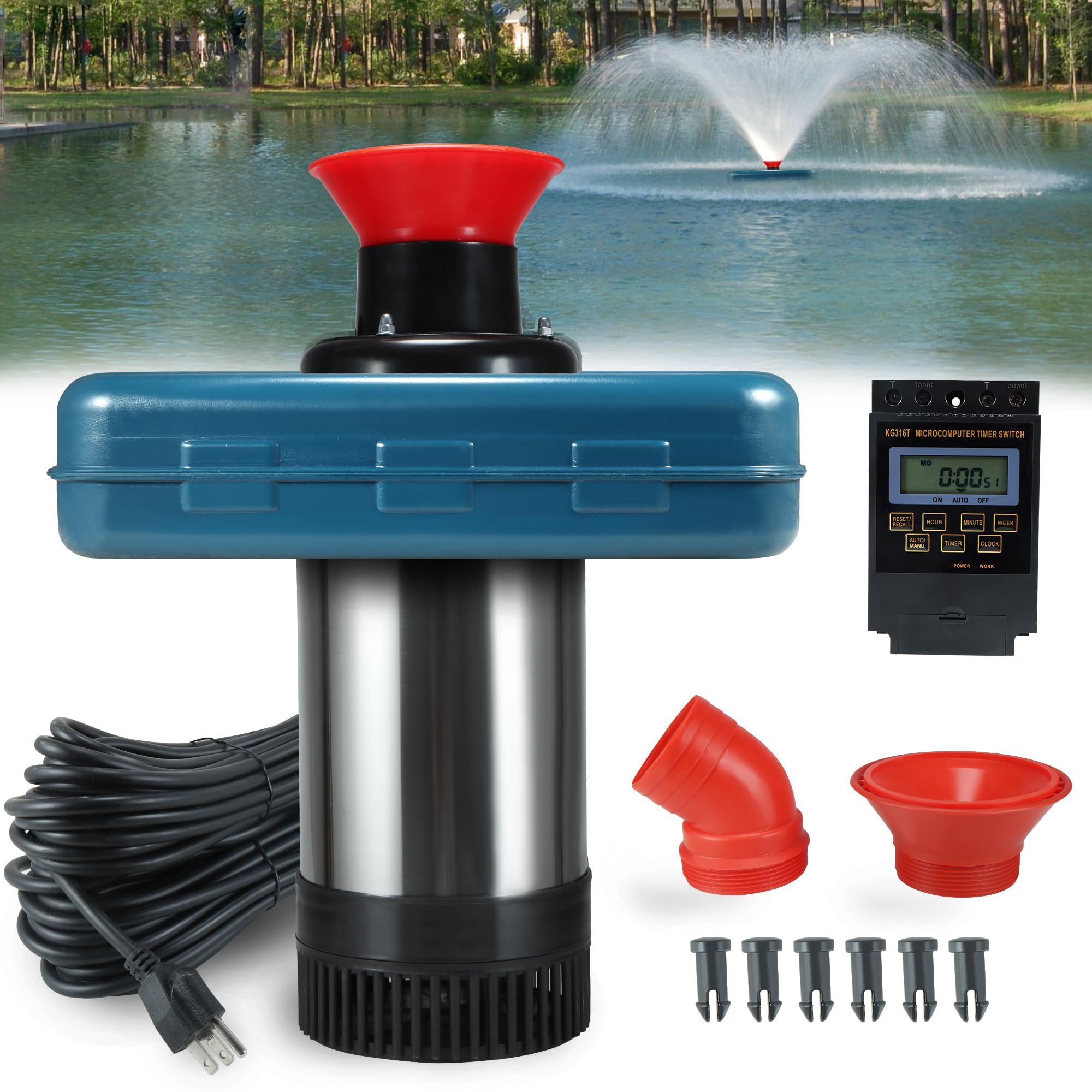 XXK Pond Fountain Aerator, AS2 1HP 750W 15000GPH 110V High Flow Floating Water Fountain Pump With 100ft Power Cord, Stainless Steel Body Aerating
