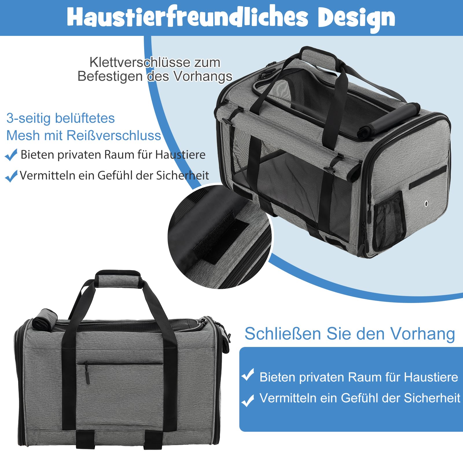 SORAS Transportbox Katze 57 x 34 x 34 cm, Flatbare Transporttasche für Hund mit Rädern, Teleskopgriff, doppelseitigen Kissen, extra Tasche, Reisebox für kleine & mittelgroße Haustiere