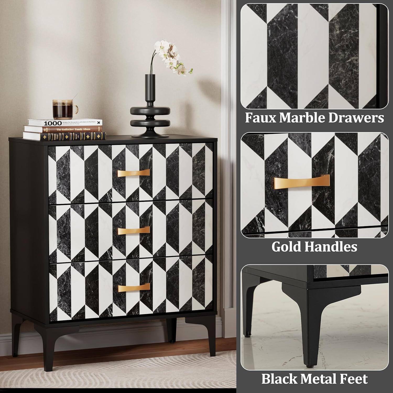 Anbuy Black Marble Nightstand Set of 2, Modern Night Stand Set 2 with 3 Drawers for Bedroom, Large Side End Table Bedside Night Tables with Gold Handles & Matel Legs