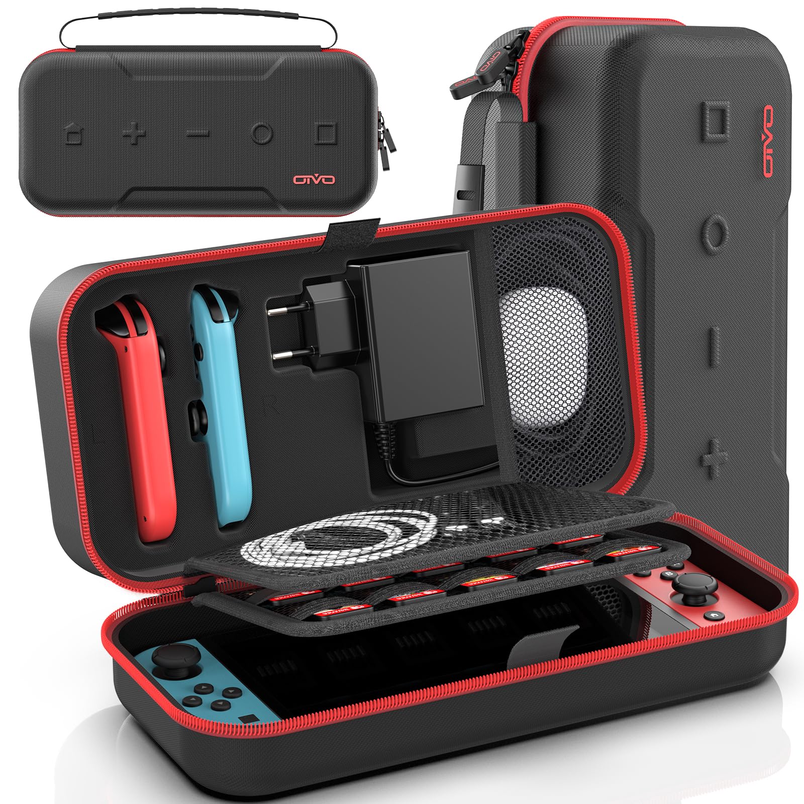 OIVO Switch Tasche für Nintendo Switch/OLED-Modell, große Tragetasche für Joycon und EU Netzteil, Harte Hülle mit Aufbewahrung für 20 Spiele & Zubehör, Rot