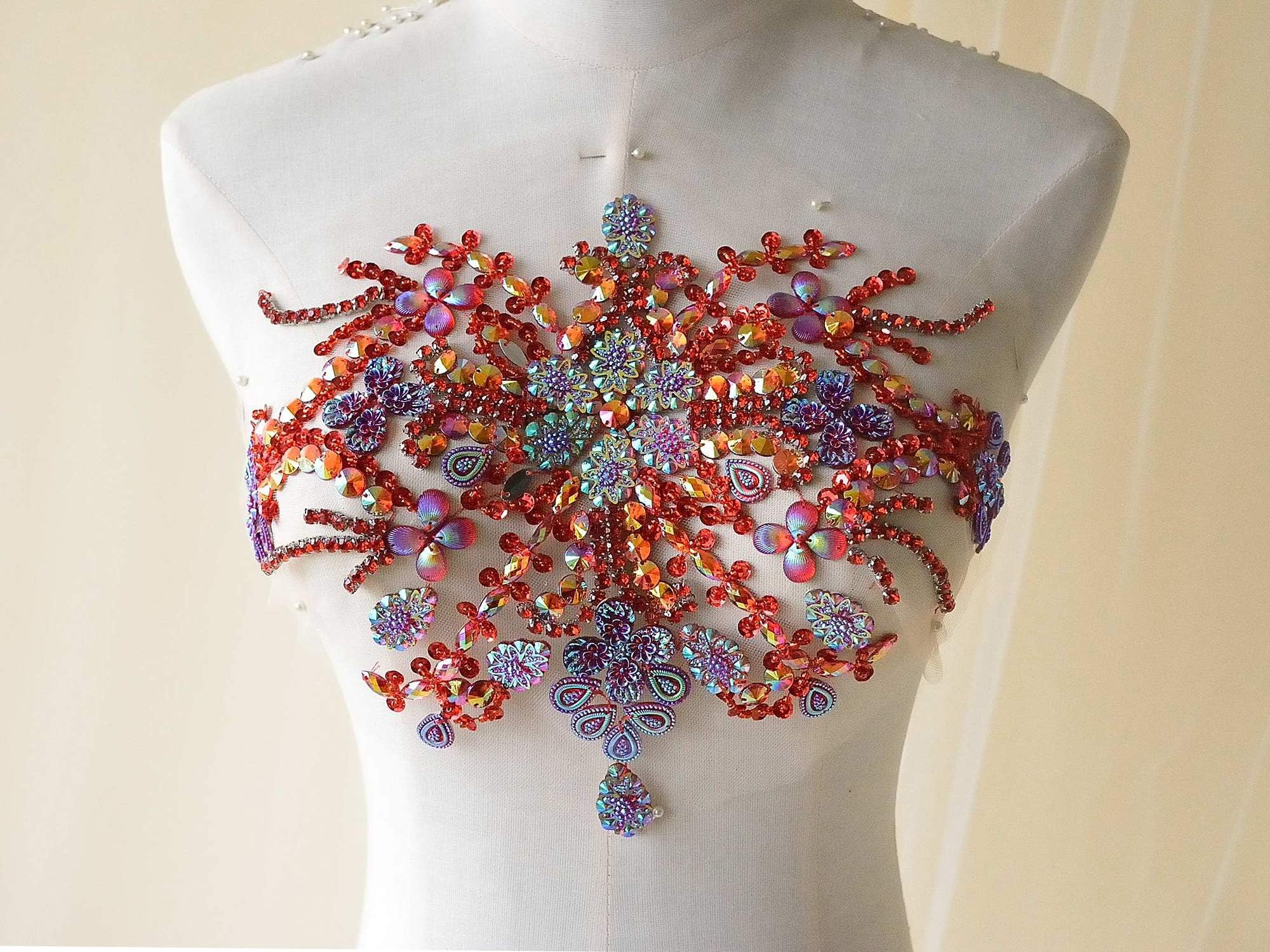 gelvs Rhinestone Applique Dress Belt Colorful Stones Beaded Sequined Lace Patch add more bling to Evening Dress Ballroom Dance Costume Red