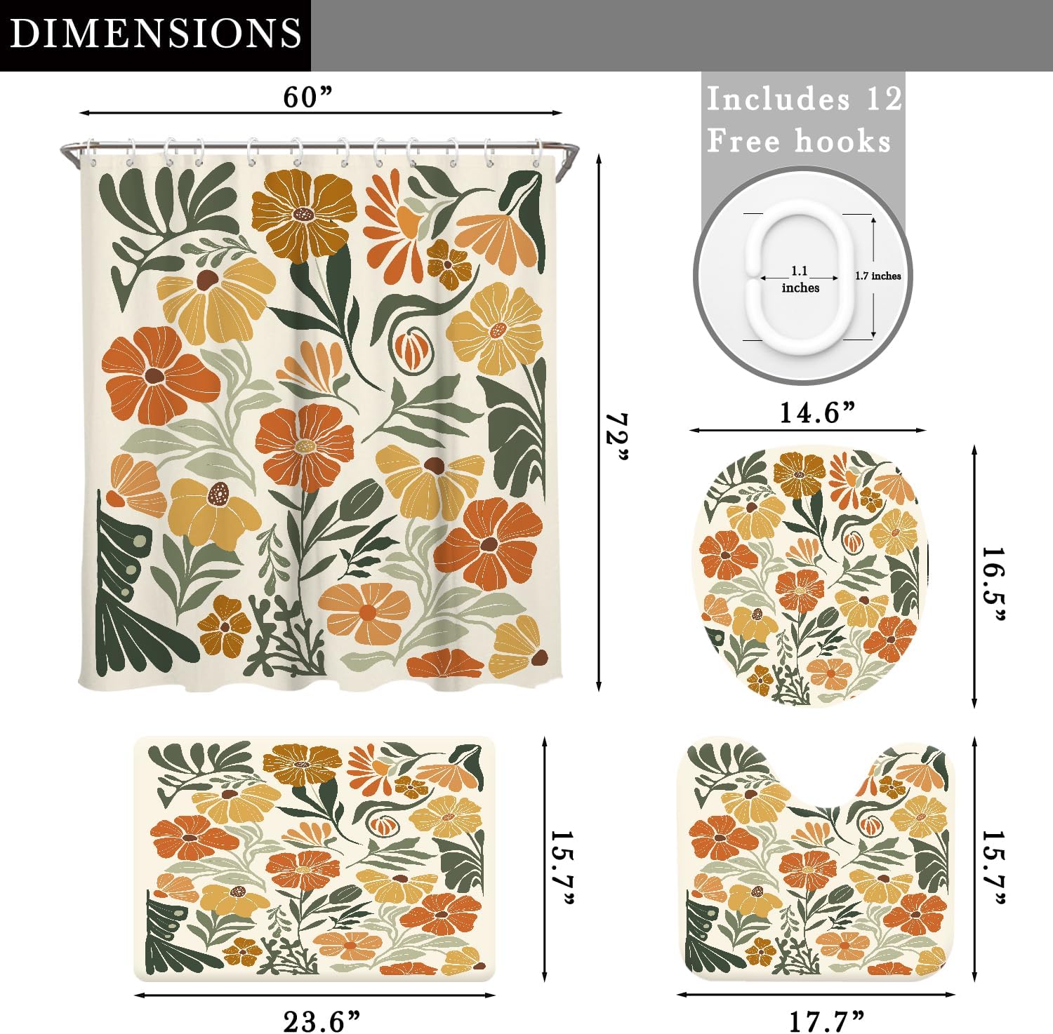 Boho Shower Curtain Sets 4PC Cute Abstract Floral Fun Orange Vintage Retro Rustic Farmhouse Country Funky Wildflower Bathroom Rugs and Accessories Bath Mat U Shape and Toilet Lid Cover Decor