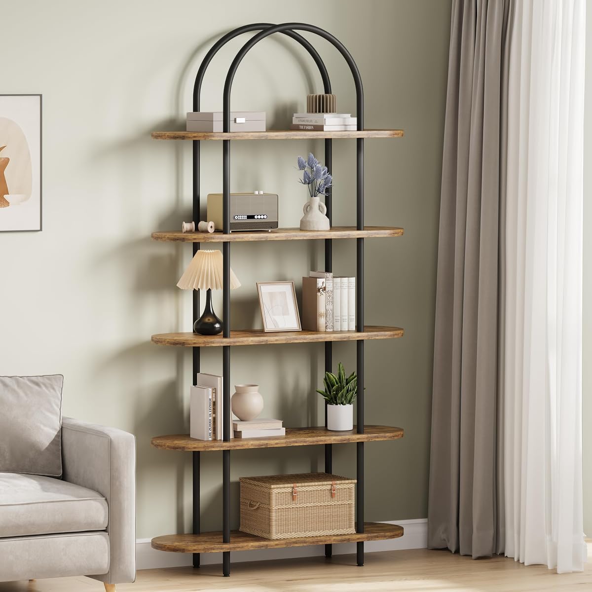 2PC 5-Tier Open Arched Bookshelf, 180cm Bookcase with Metal Frame | 71" Bookshelf Plant Stand Freestanding Display Rack Tall Shelving for Bedroom Living Room Home Office Bathroom Rustic
