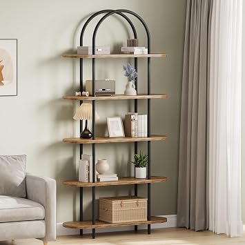 71" Arched Bookshelf 5 Tier Bookcase Open Bookshelf with Metal Frame Plant Stand Freestanding Display Rack Tall Shelving for Bedroom Living Room Home Office Bathroom Black + Retro Color