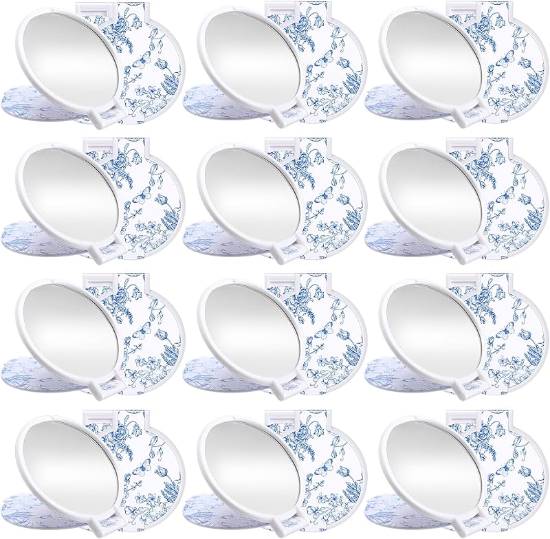 Espelhos compactos redondos Quzzil com estampa floral azul e branca, Pacote com 24