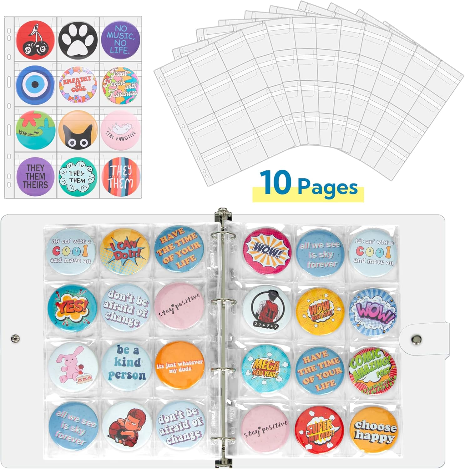 PACMAXI 120 Pocket Buttons Badge Pin Storage Book, 10 Sheet Pin Pocket Pages Hold Up to 120 Buttons, Collection Holder for Easy Access and Display