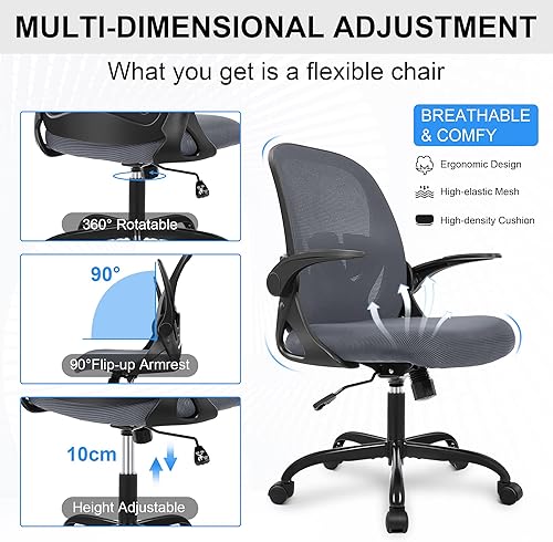Miniatura 6 de Primy Silla de Oficina Ergonómica Silla de Escritorio con Soporte Lumbar y Altura Ajustables, Silla de Escritorio de Malla Transpirable Giratoria