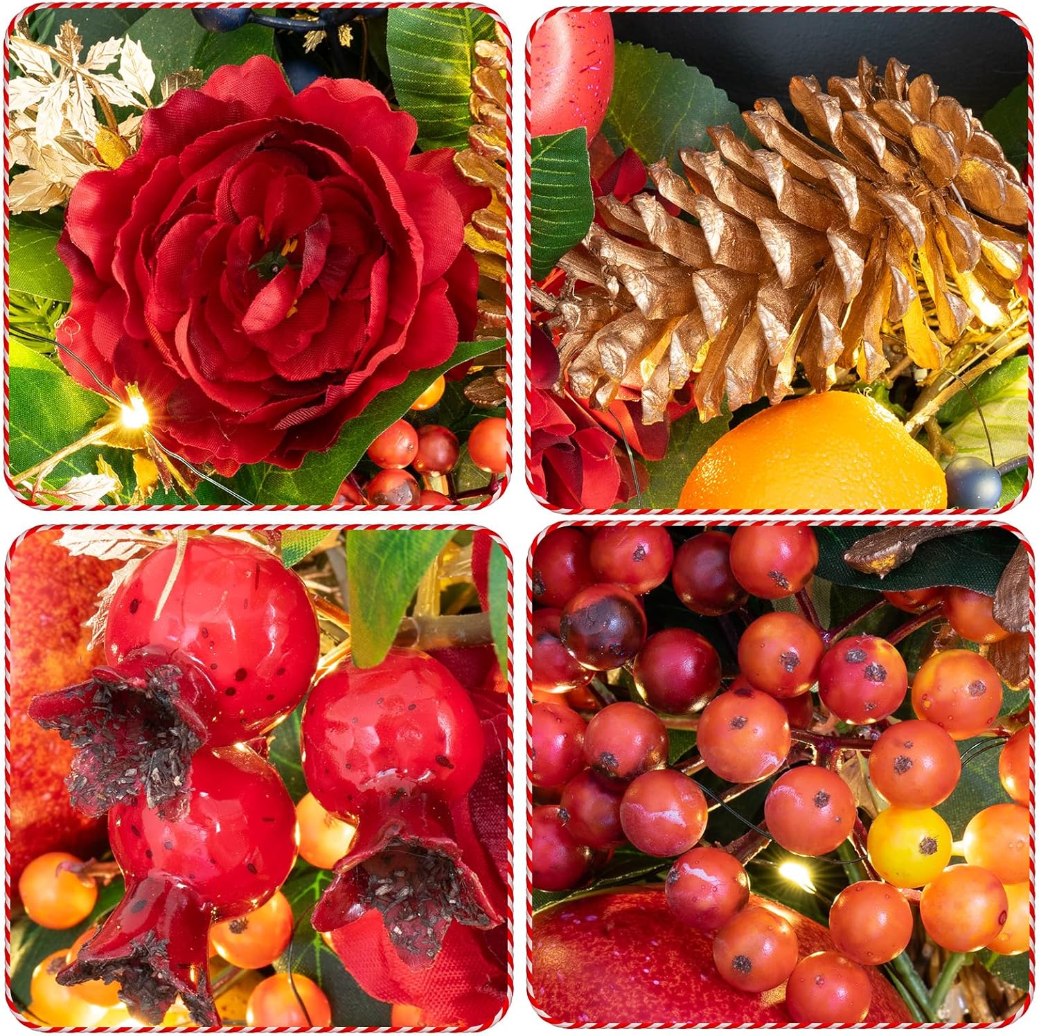 Christmas Wreaths for Front Door with Lights 24 Inch Christmas Wreath with Red Flowers, Apples, Oranges, Pine Cones, Berries and Greenery – Holiday Wreath Front Door Indoor Outdoor Winter Décor